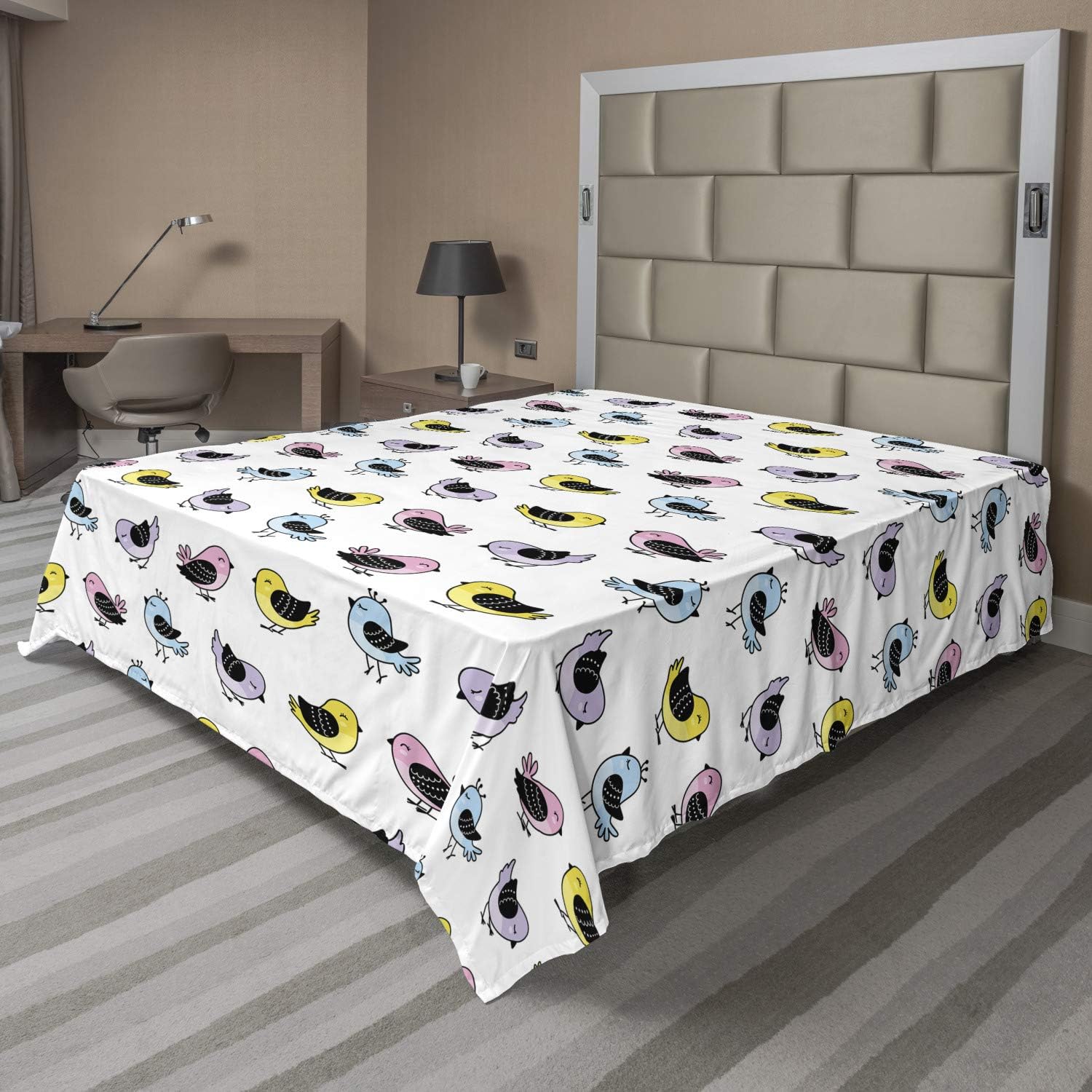 Ambesonne Purple and Yellow Flat Sheet, Little Colorful Cartoon Bird Character Drawings on Plain Backdrop, Soft Comfortable Top Sheet Decorative Bedding 1 Piece, Queen Size, White Multicolor