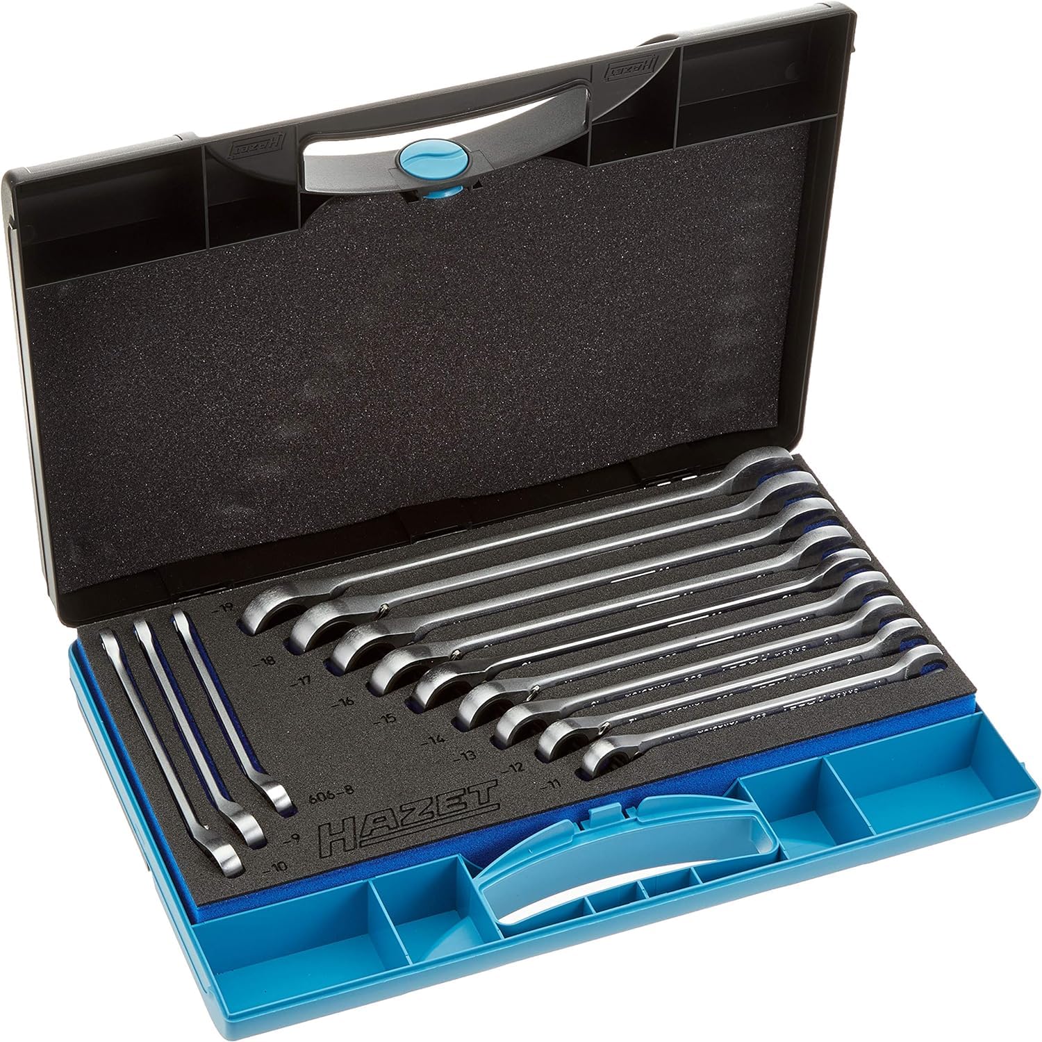 HAZET Jeu de clés mixtes à cliquet 606N/12 I 12 pièces, dans coffret plastique avec système Safety Insert, ouverture de clé : 8-19 I jeu complet pour commande manuelle'.