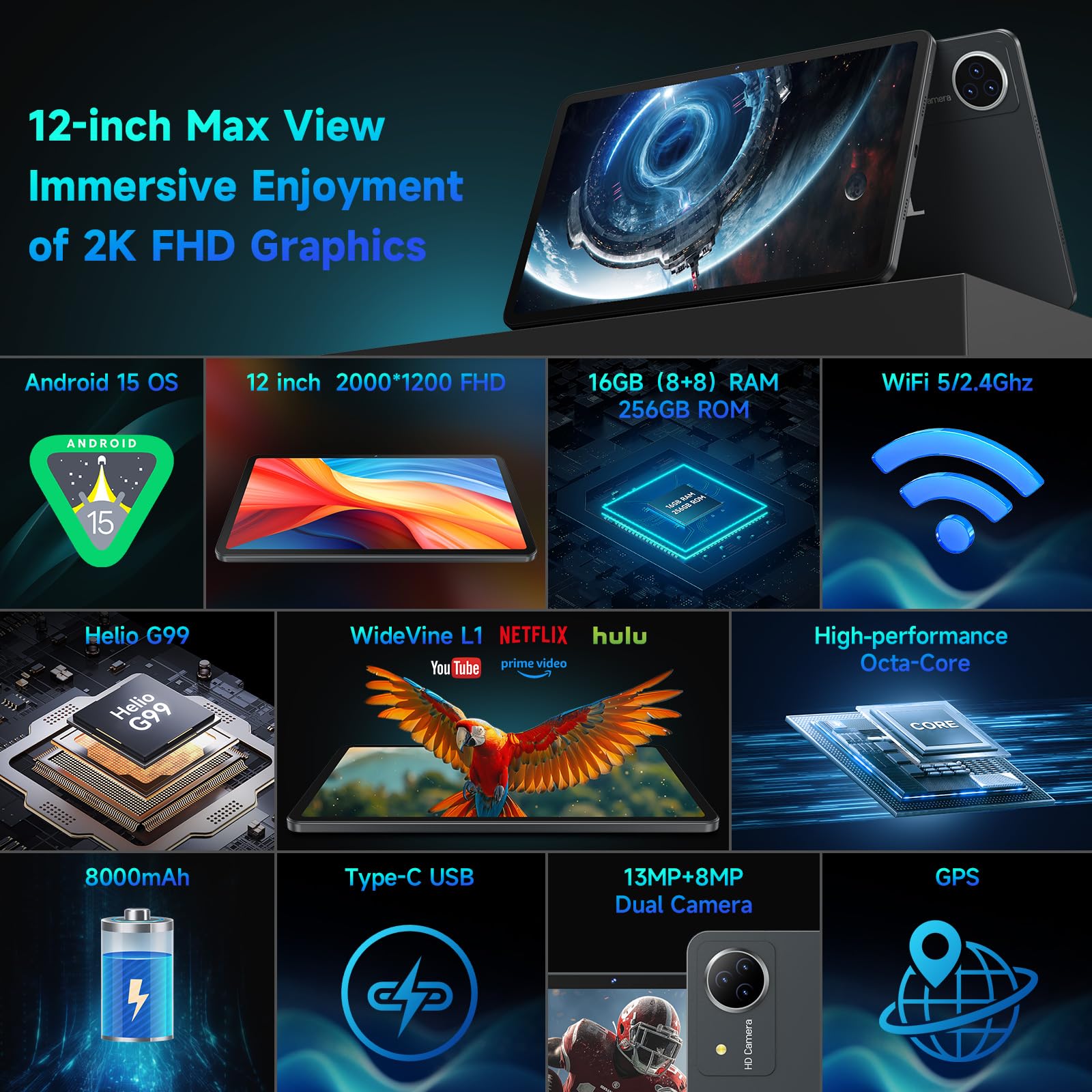 Amazon.com : Upgraded Tablet 12 inch Android 15 Tablet with 256GB