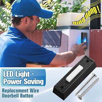 2 Pack Wired Lighted Doorbell Button, Blue LED Switch, Black, Bule Light