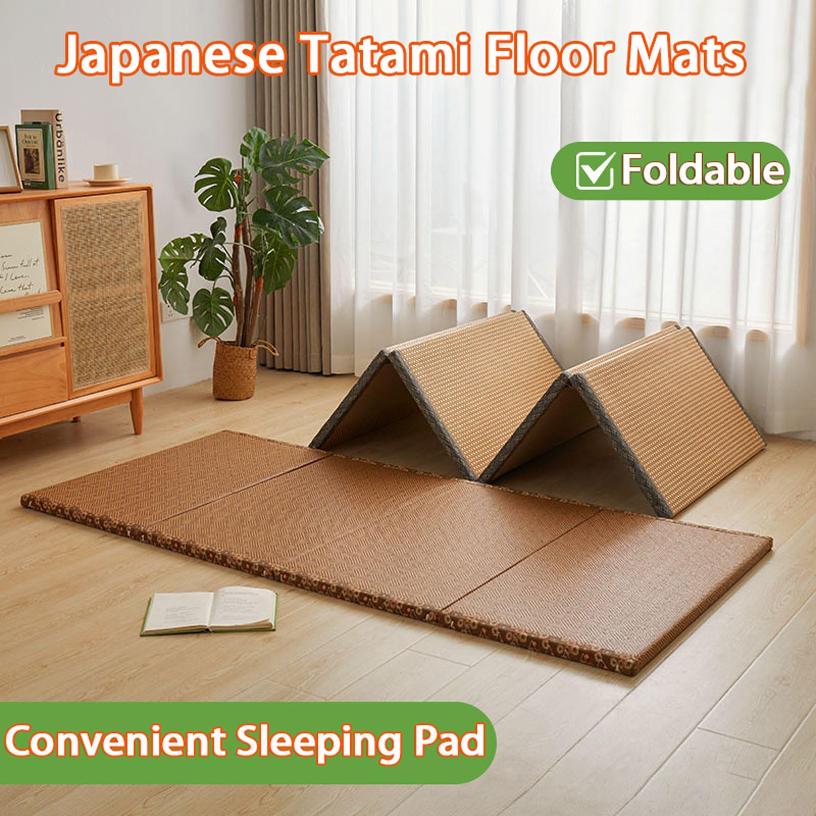 Materasso giapponese – Tappetino pieghevole traspirante antiscivolo in rattan per meditazione e yoga, design tradizionale a 4 pieghe per sala da pranzo e relax.