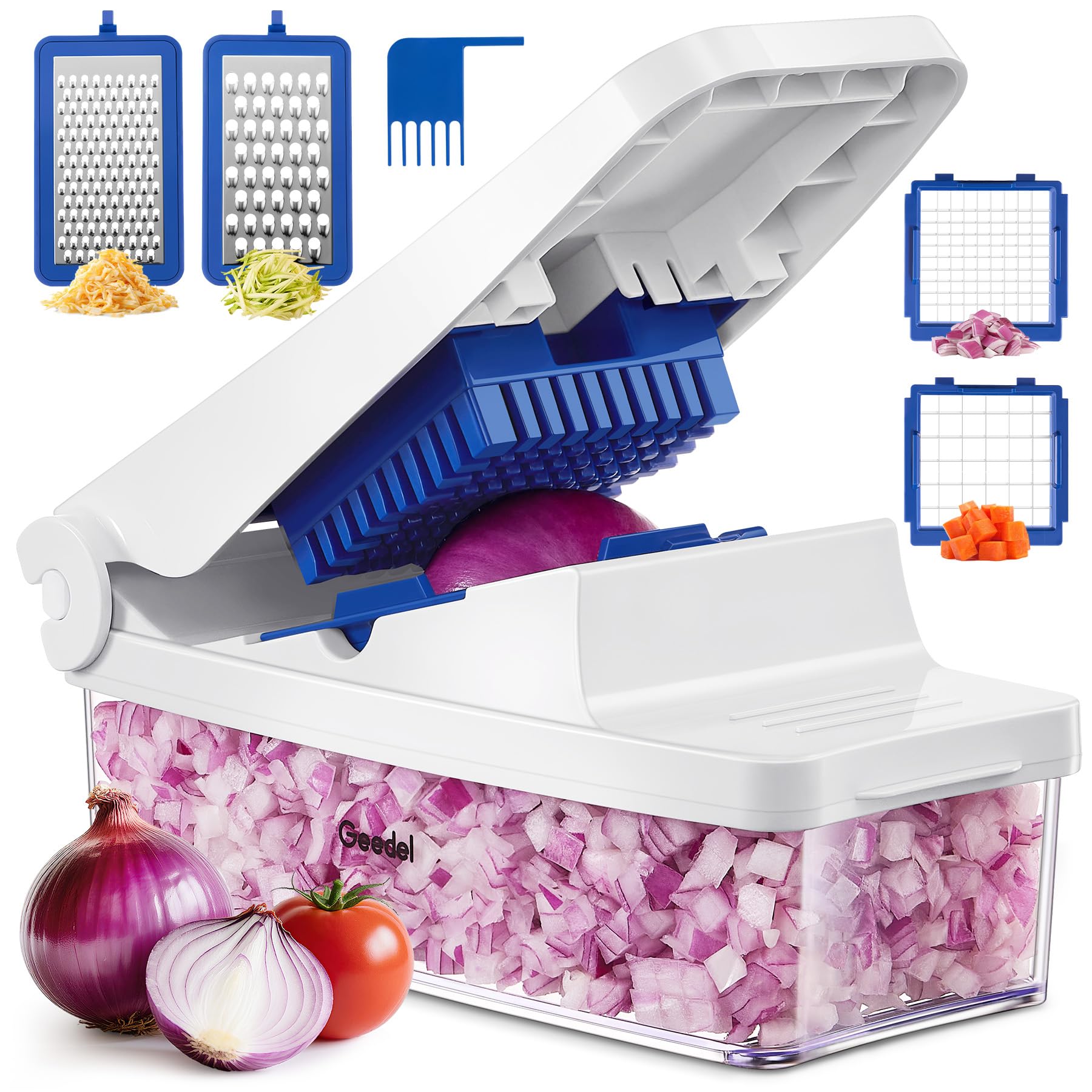 Geedel Vegetable Cutter, Onion Cutter Pro Food Chopper, Kitchen Vegetable Slicer Dicer Cutter Grater, Veggie Chopper with container for Salad Onion Potato Carrot (4 in 1, Blue)