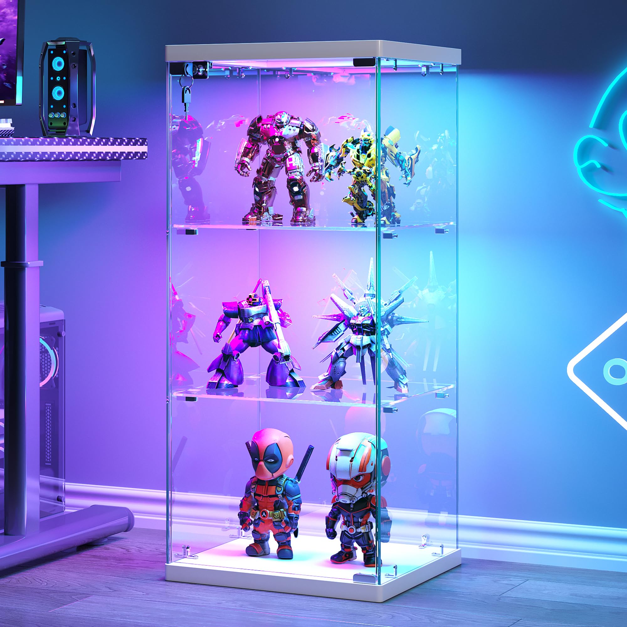 FREDEES Vitrina de cristal con luces RGB, 3 niveles, color blanco