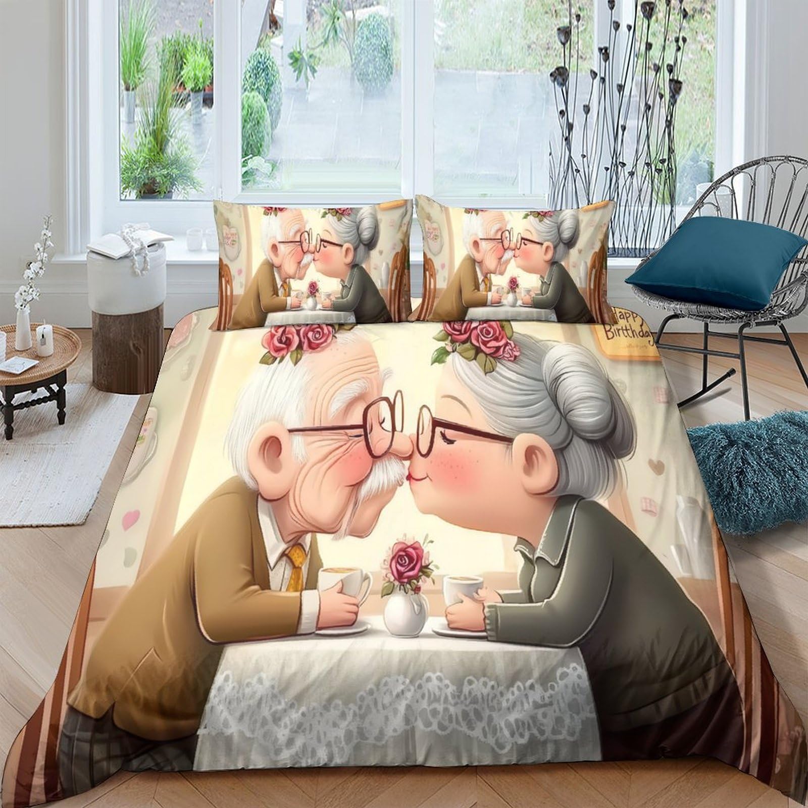 Ctjqhvkz Style-3 3D Printed Elderly Couple Fitted Sheet Microfiber Soft Breathable Love Kiss Bed Cover For Bedroom Guest Room Decor Single（135X200cm）