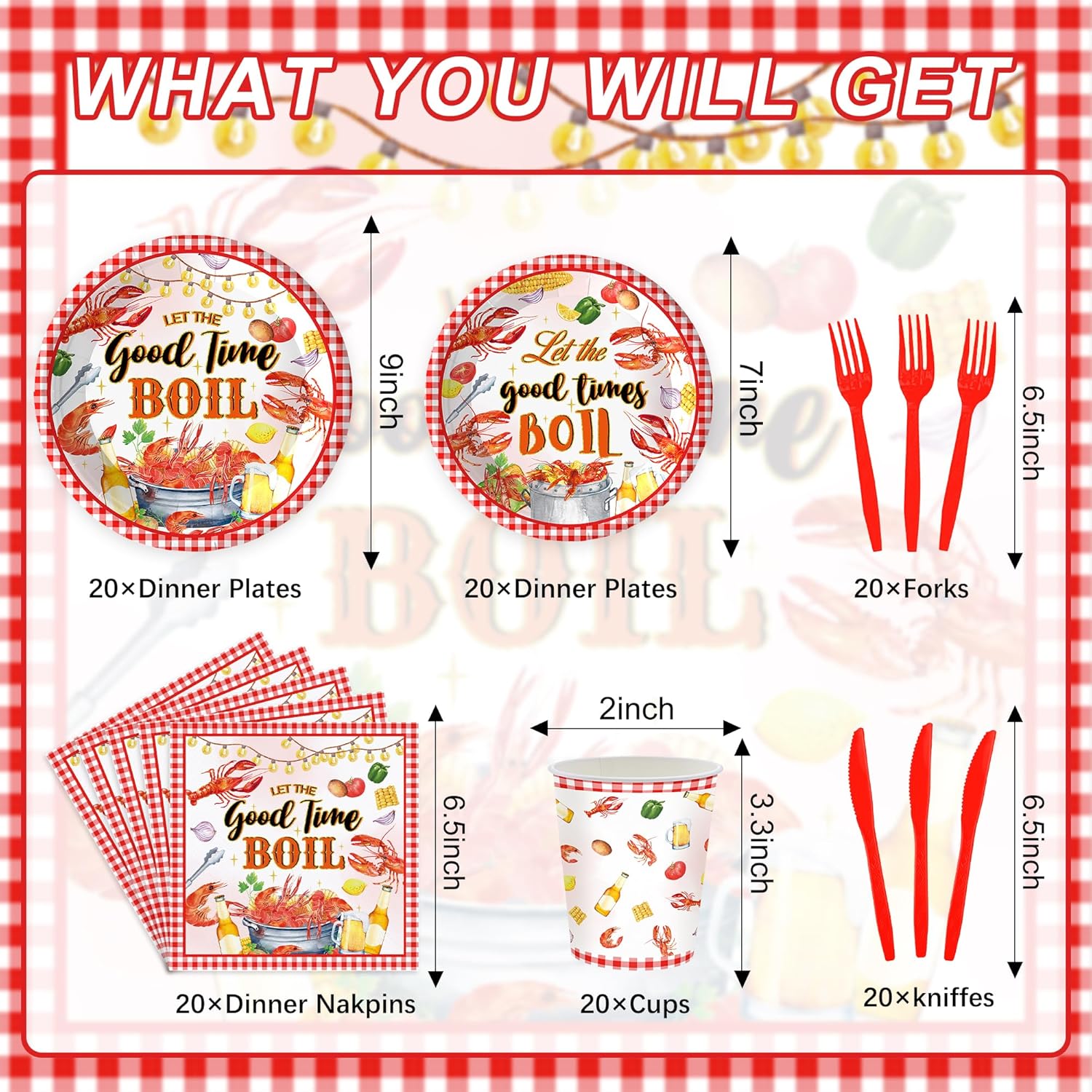 120PCS Crawfish Boil Party Supplies Let The Good Times Boil Crawfish Party Decorations Crawfish Boil Happy Birthday Tableware Set Lobster Seafood Boil Plates Napkins Cups Set for 20 Guests - Image 5