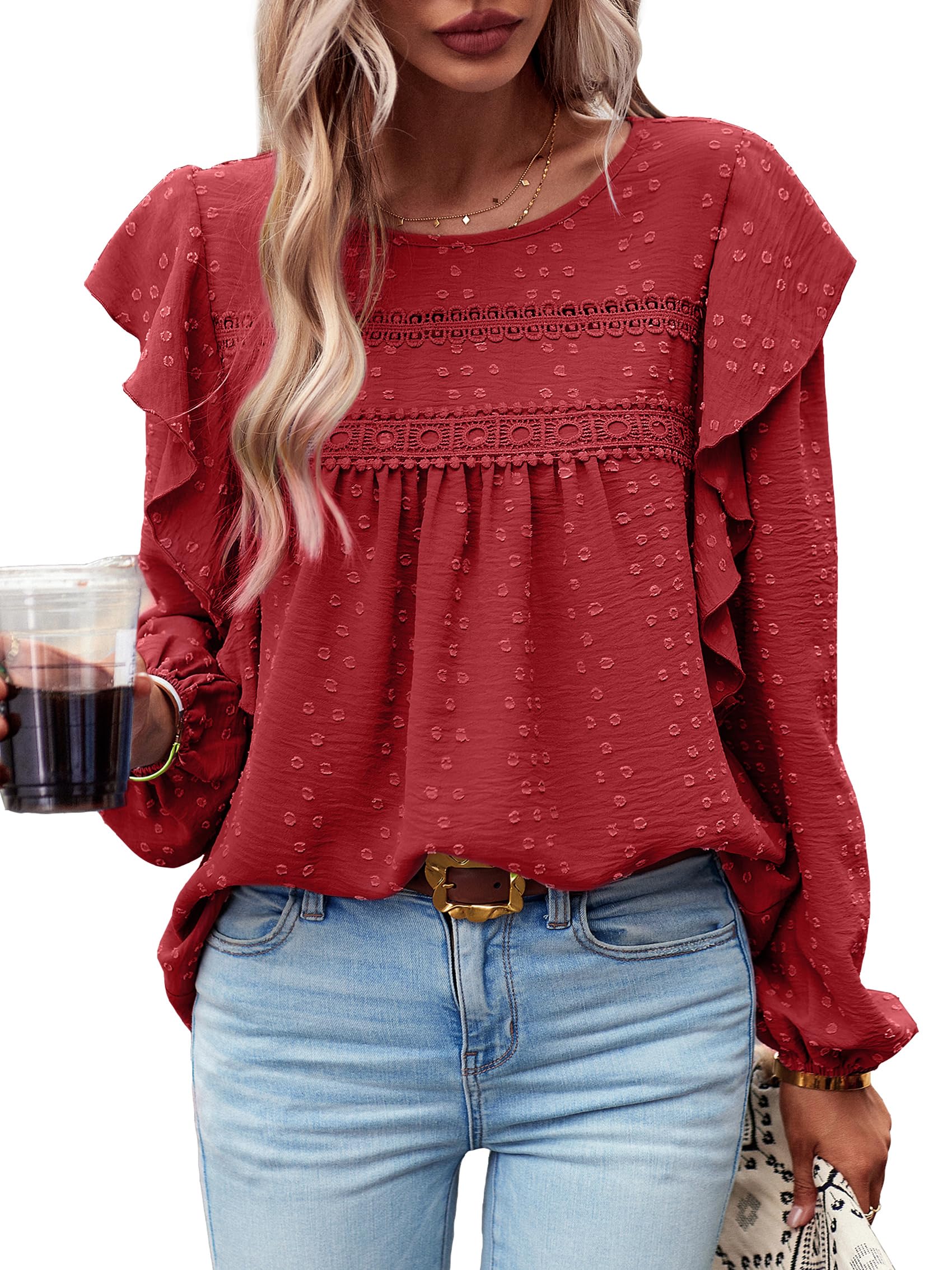 MYCOLORBLUE Blusen Tuniken für Damen Elegant Rüschenärmel Swiss Dot Spitzenbesatz Vorne Falten Streetwear Rundhals Bluse