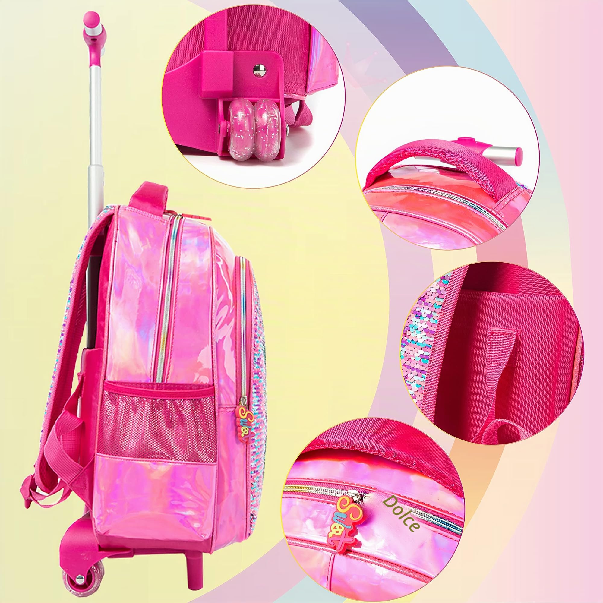 HTgroce Zaini scolastici Ragazza con ruote, Zaini Trolley Scuola con Borsa da pranzo Astuccio scolastico