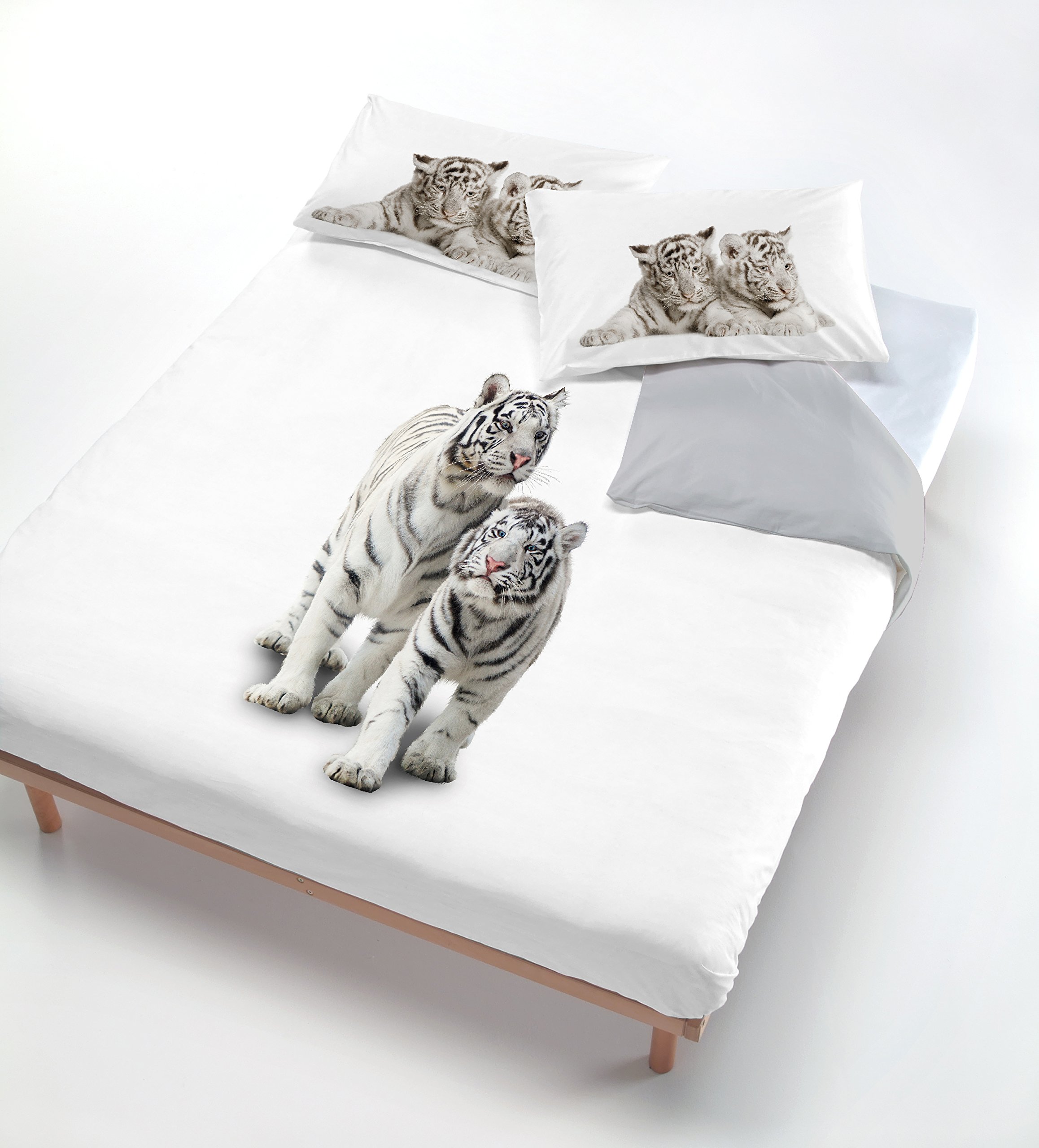 Italian Bed Linen Digital Duvet Cover Set (Bag Sheet 250x200cm + 2 Pillowcases 52x82cm),Grey Tiger, DOUBLE