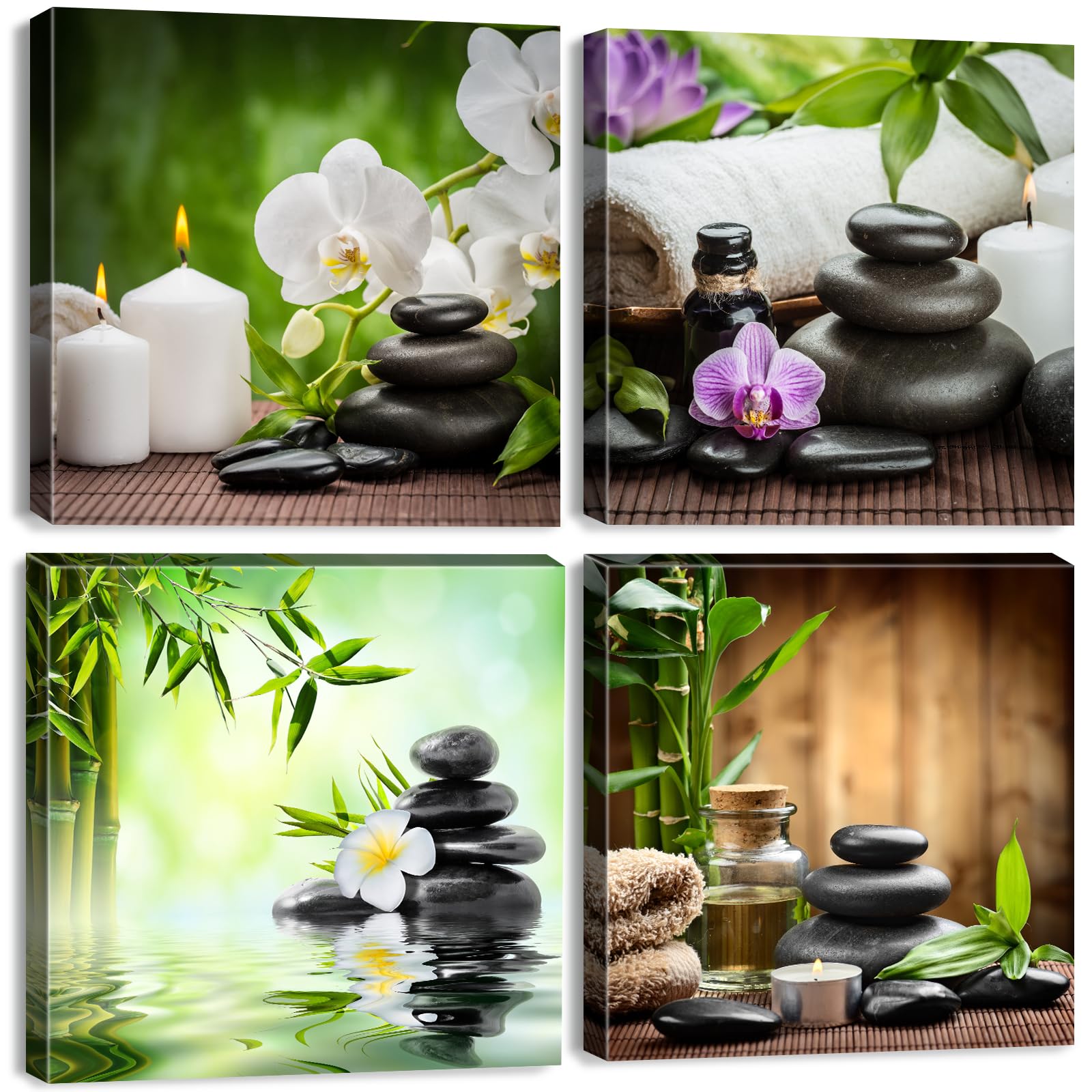 AIYISU Zen Wandbild 4 Teilig Leinwandbilder Bambus Orchidee Zen Steine Spa Wanddeko für Badezimmer Wohnzimmer Weiß Blume Kerzen Wanddeko für Schlafzimmer Küche Meditation Entspannung Deko 30 x 30 cm