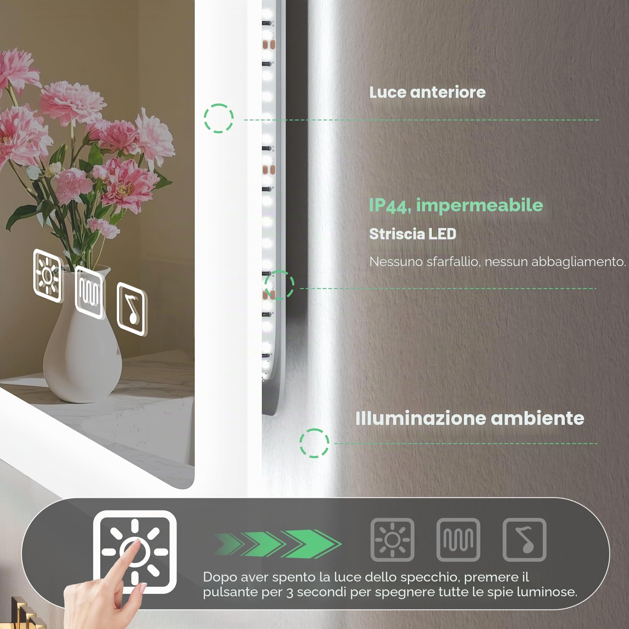 S'bagno 100x70cm Specchio da Bagno con Luce, IP44 Specchio Bagno Led mit 3 Temperature di Colore/Dimmerabile/Antiappannamento, Specchio Retroilluminato Bagno mit Bluetooth, Orizzontale/Verticale