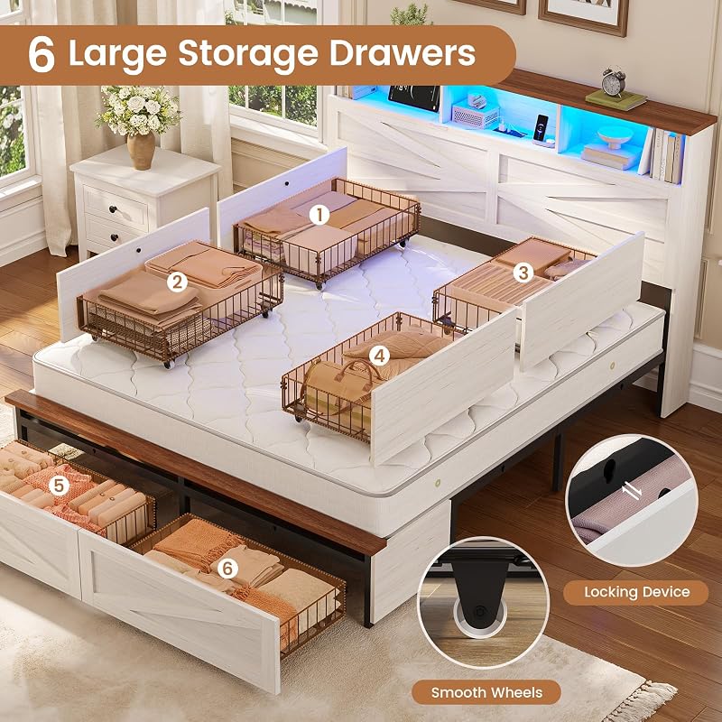 VIAGDO Queen Bed Frame with 6 Drawers, Farmhouse Bed Frame with Barn Door Headboard and Storage, Wood Platform Bed Frame Queen Size with Charging Station and LED Lights, No Box Spring Needed, White image 6