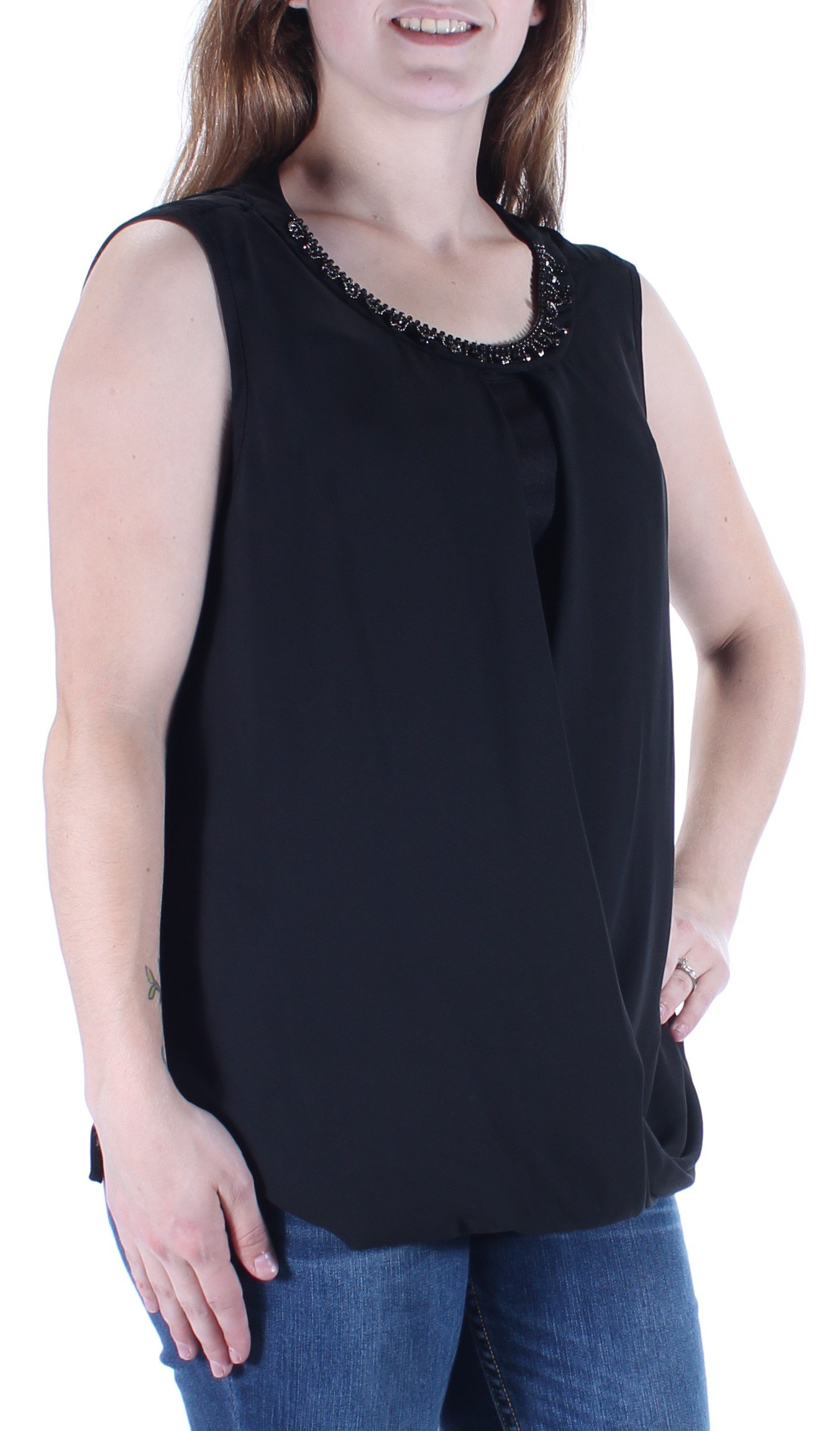 MSK Women's Embellished Draped Keyhole Blouse (L, Black)