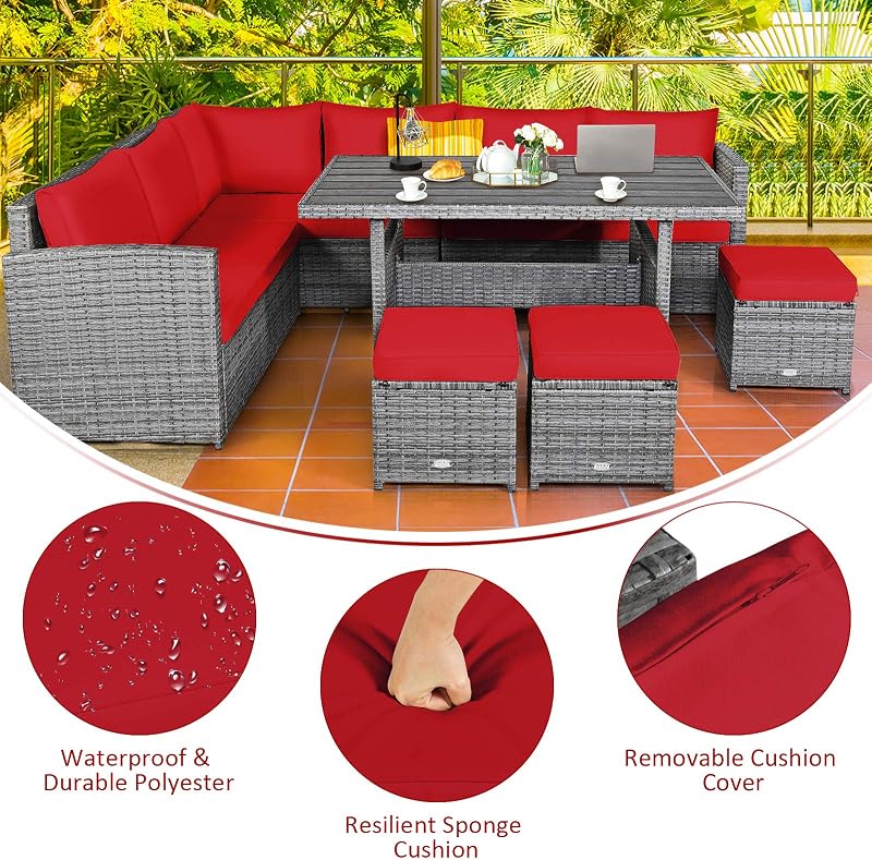 Tangkula 7 Pieces Patio Furniture Set, Outdoor Sectional Rattan Sofa Set with Cushions, All Weather Wicker Conversation Couch Set w/Dining Table & Ottomans for Backyard Garden Poolside image 7