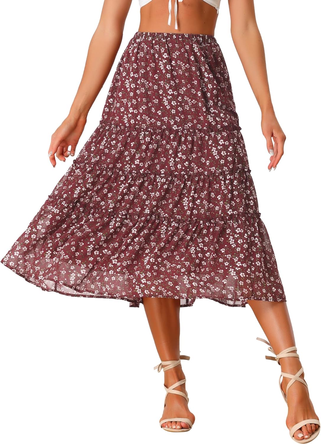Allegra K Women's Floral Skirt Chiffon A-line Long Tiered Ruffle Boho Summer Midi Skirts