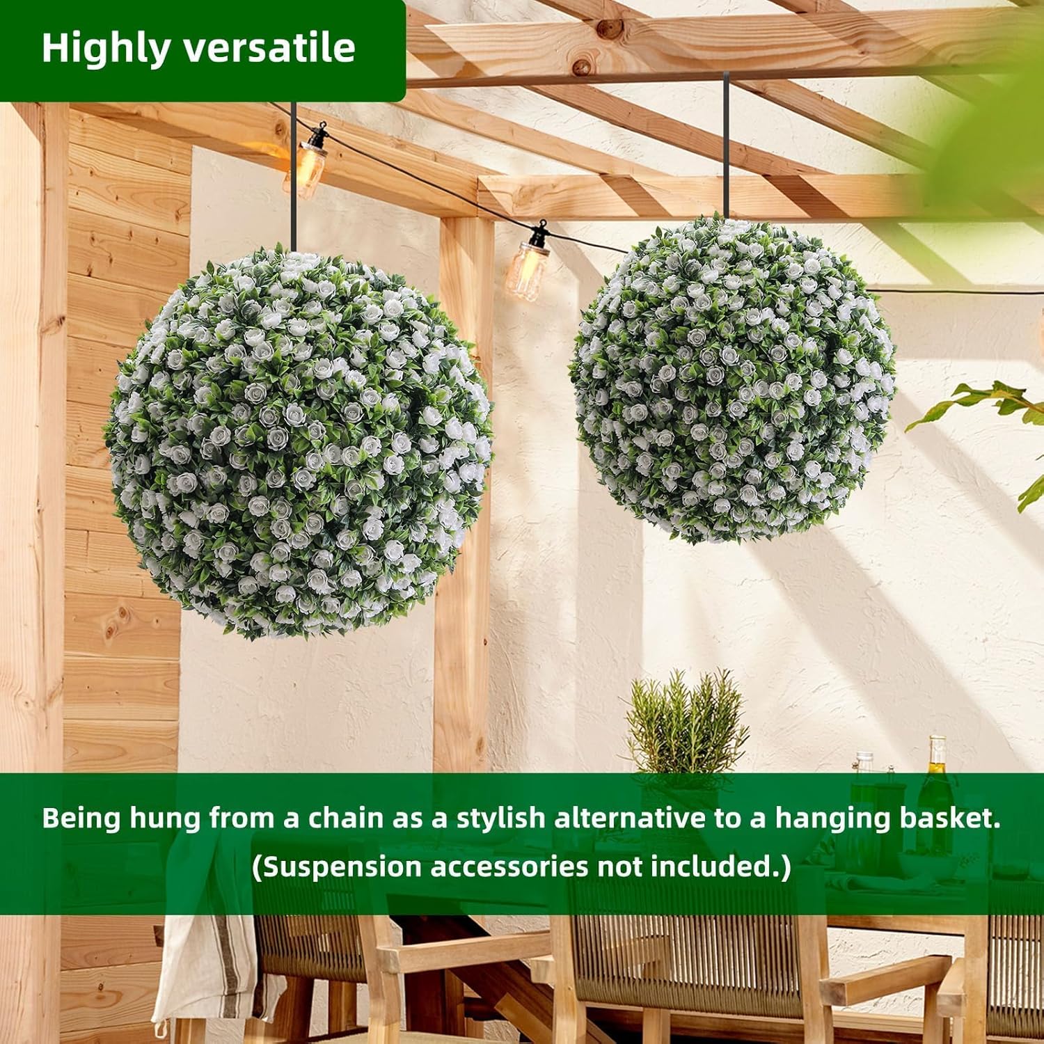 21.6 Inch Artificial Hanging Topiary Balls Set of 2, Faux Flower Balls for Garden Patio Wedding Valentine's Day Decor, Outdoor Indoor Hanging Decorations for Porch Front Door Party, White