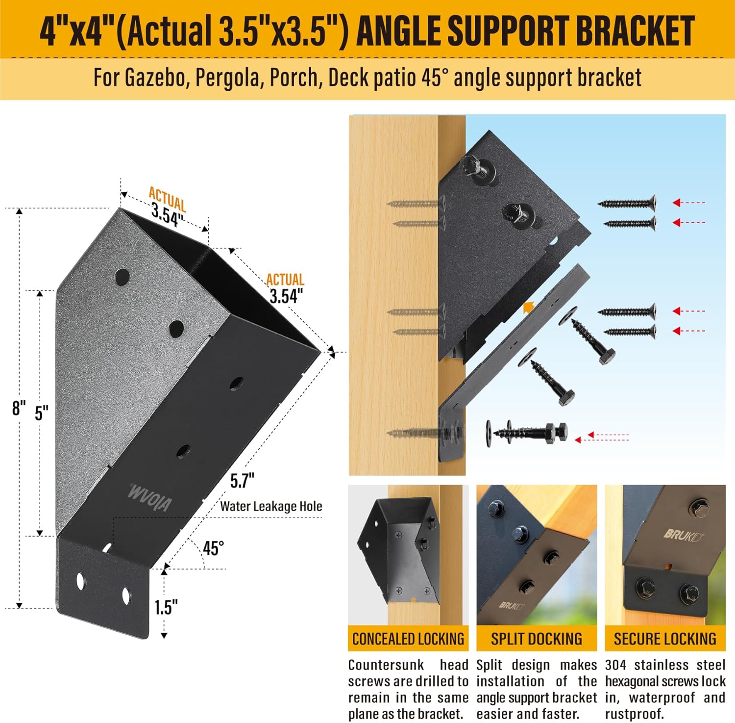 4pc 45°-Degree Angle Support Bracket, 4x4 (Actual 3.5''x3.5'') Angle Bracket, Suitable for Pergolas, Gazebo, Deck Porch, Cabin Elevated Wood Support Bracket kit (Frosted-Black)