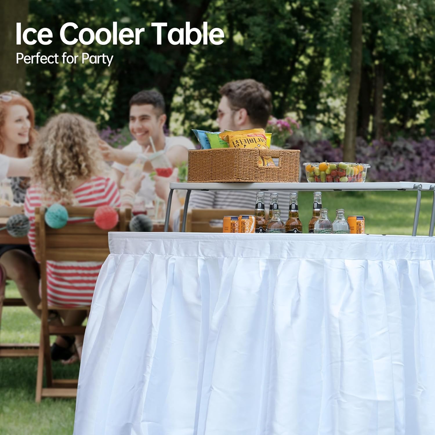Outdoor Ice Cooler Folding Table, Portable Cooler Table with Removable Matching Skirt, Folding Ice Chest Table with Place Holder White
