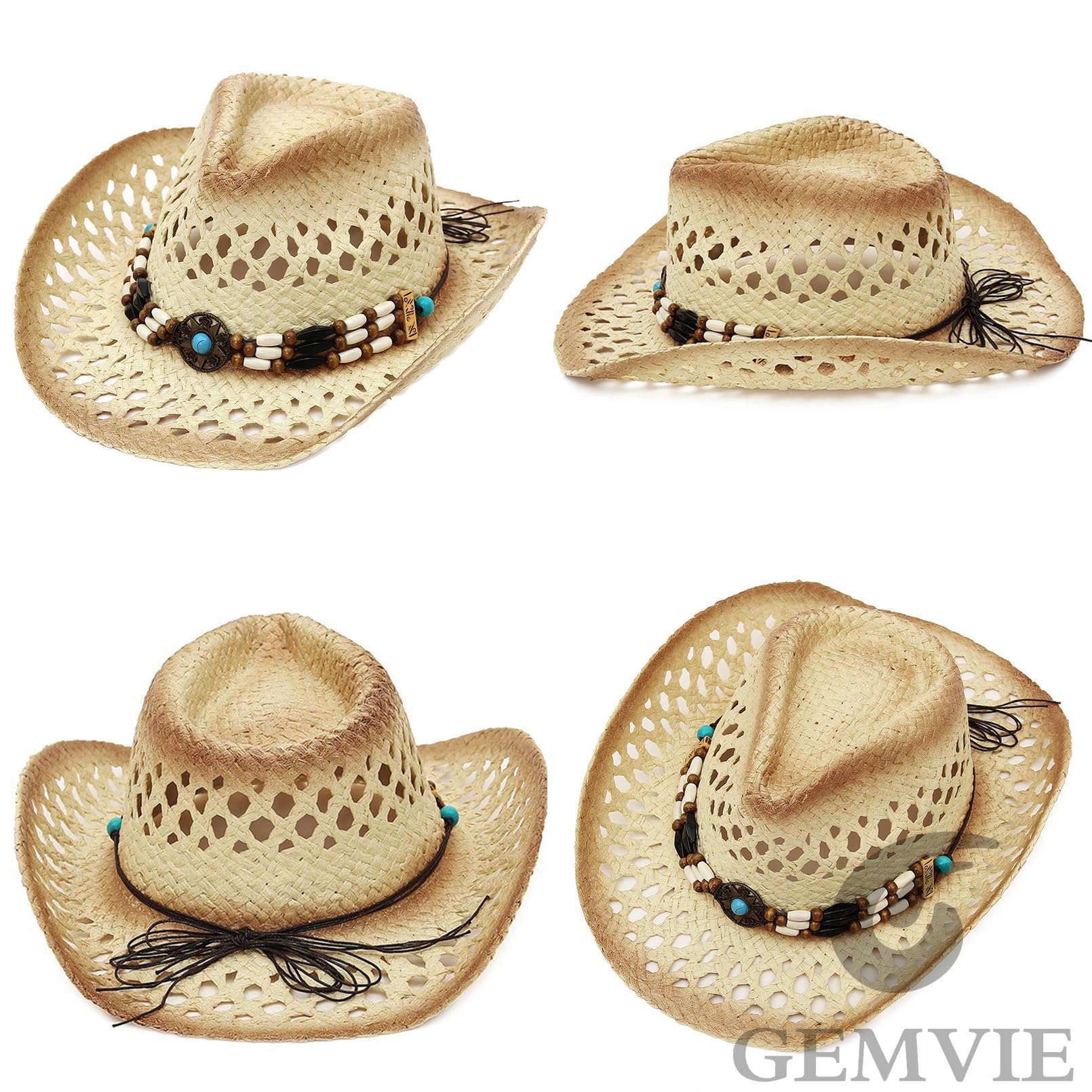 GEMVIE Chapeau de paille Panama pour femme, chapeau de cowboy, chapeau de plage, chapeau de soleil à large bord en paille enroulable