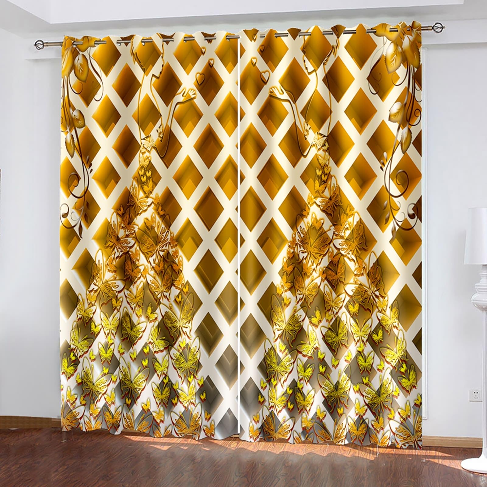 Rideaux Beige Rideau Lot de 2, Rideau Jour Nuit Décoration Florale de Style Chinois 137x214CM(WxH)