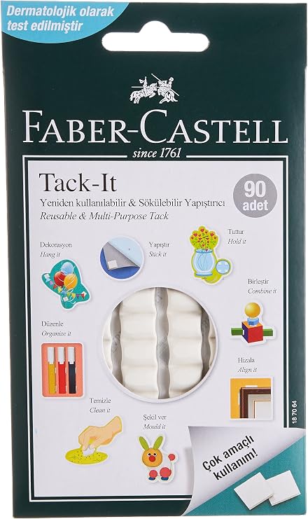 Faber-Castell Tack-it Beyaz, 50 gr, 90 Parça, Yeniden Kullanılabilir Hamur Yapıştırıcı, Sökülebilir ve İz Bırakmaz
