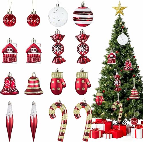Adornos de Navidad, juego de 16 adornos de Navidad rojos y blancos con cuerdas para colgar, ideal para decoraciones de árbol de Navidad y detalles