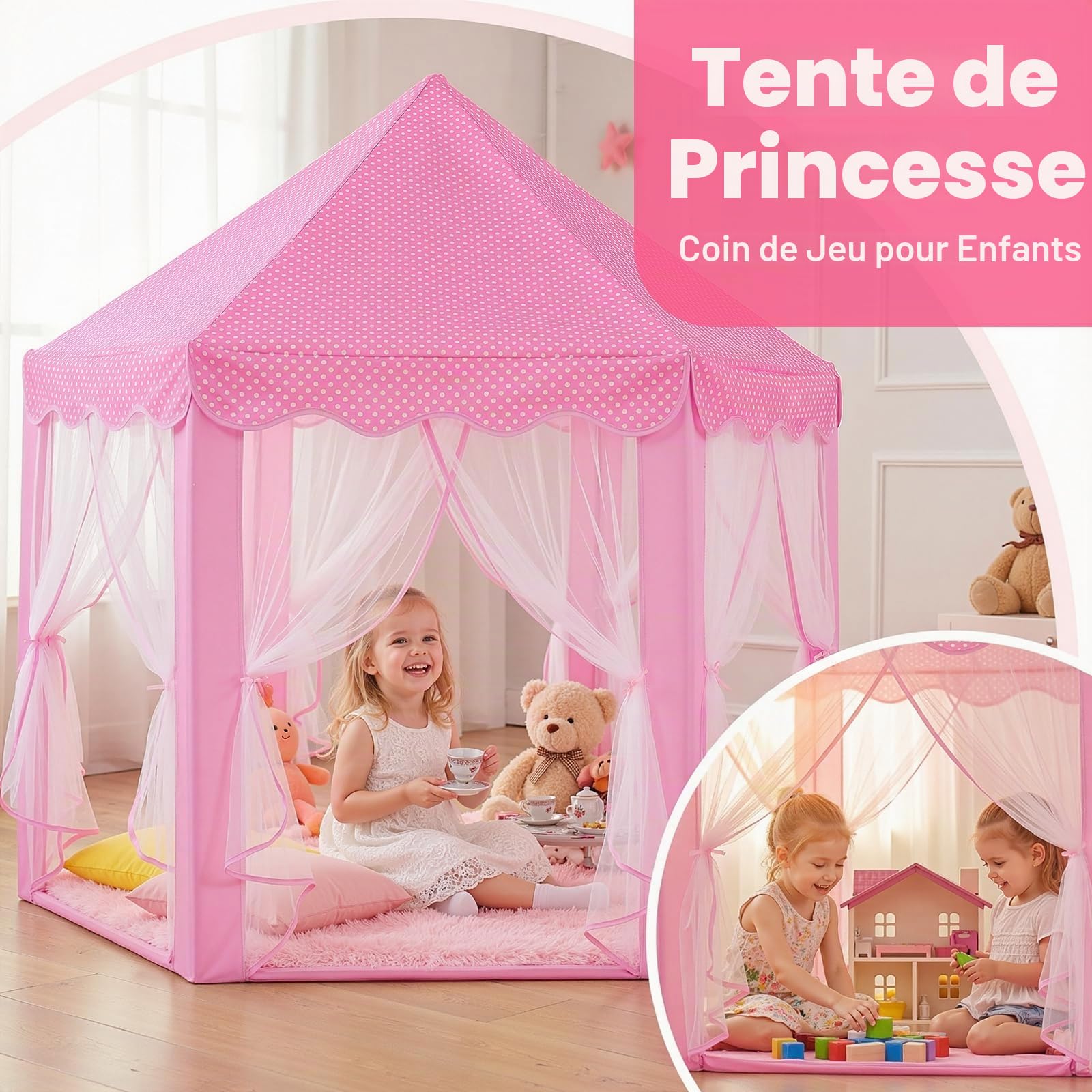 Sumbababy Tentes de Jeu pour Enfants - Tente de Princesse château avec Tapis - Fée hexagonale - Jouet pour Enfants ou Jeunes Enfants - Jeux d'intérieur - Rose