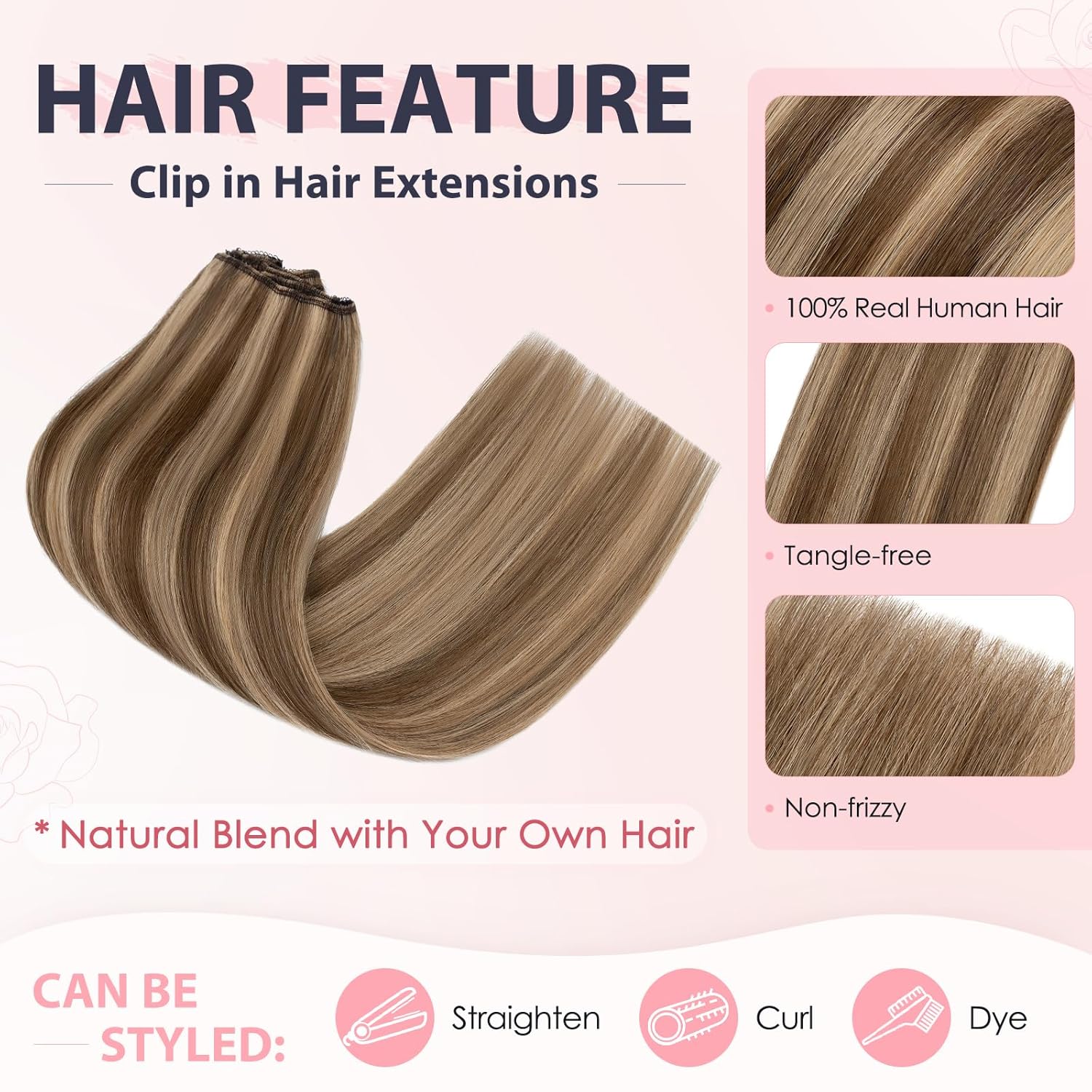 TESS 3 PCS Hair Extensions Clip ins Real Human Hair Straight Hair Extension for Women Soft Lace Wefts Invisible Clip in 14 Inches Chocolate Brown Mixed Light Brown