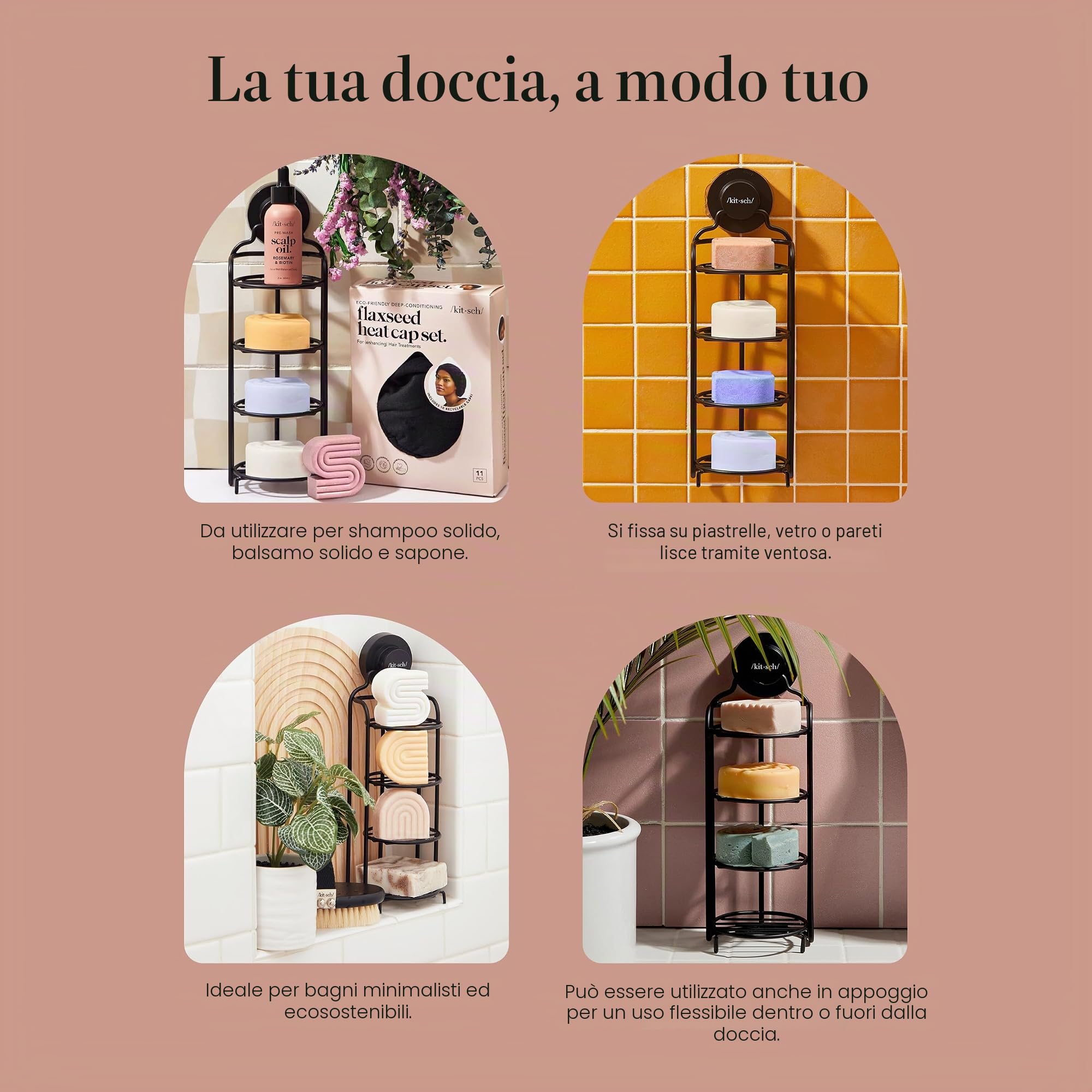 Kitsch Portasapone per doccia autodrenante, con ventosa, antiruggine, portasapone per doccia, portasapone per doccia, portasapone per doccia (nero)