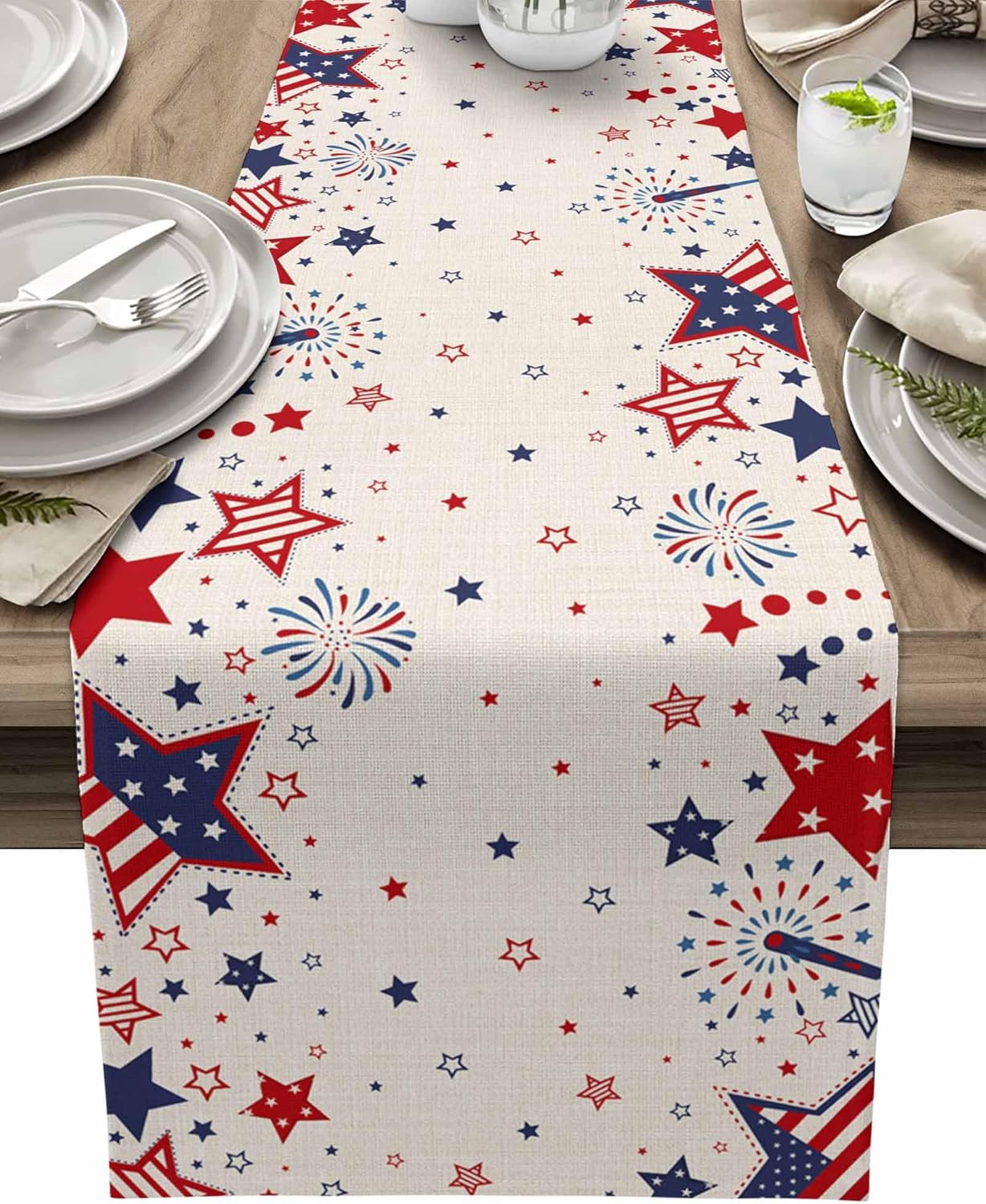 Cotton Linen Red White and Blue Stars Table Runner 72 inches Long, 4th of July Red Blue Stars Firework USA Flag Retro Table Cloth Dresser Scarves,Patriotic Table Runners for Dining Table