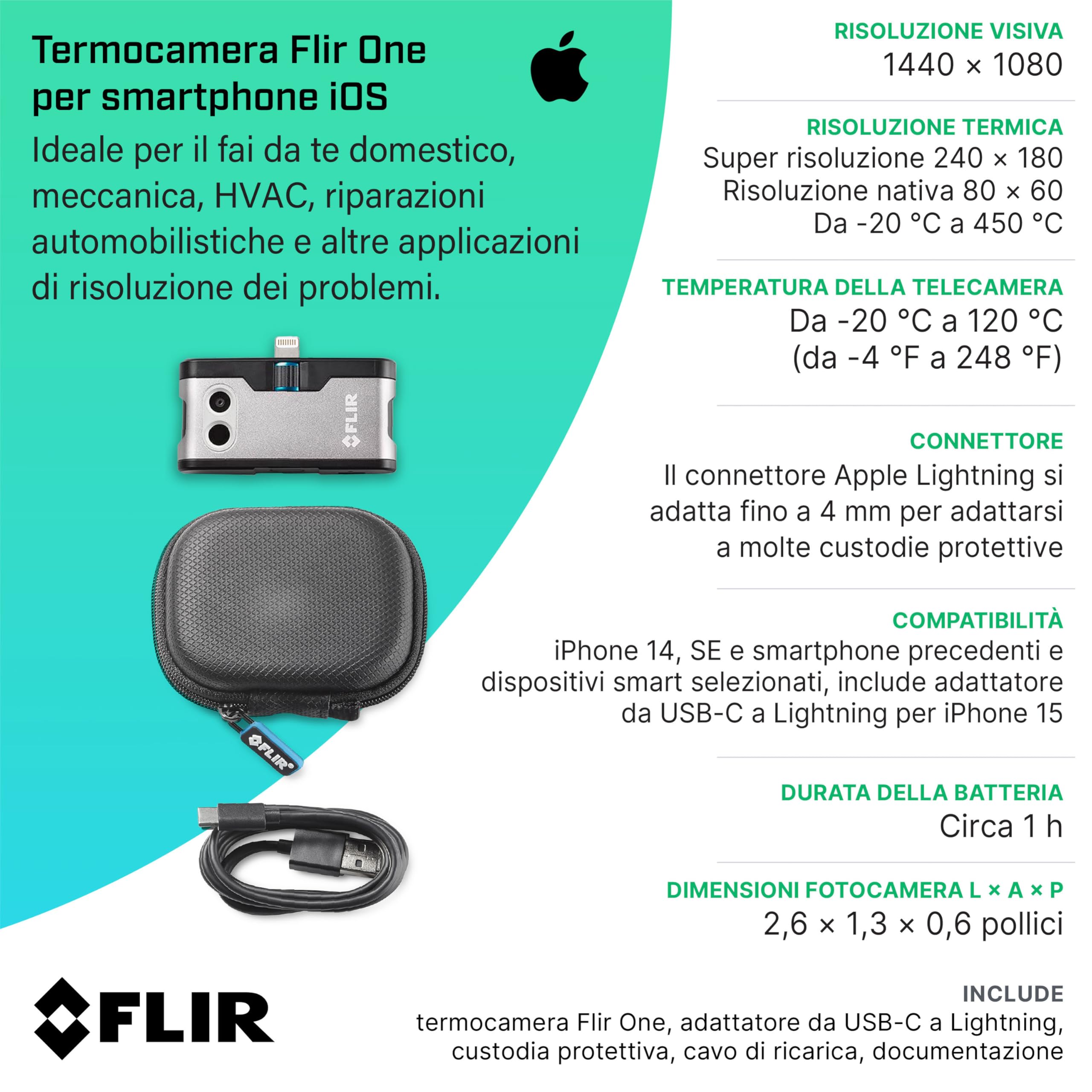 Flir One - Termocamera Per Smartphone iOS (iPhone 14 E Precedenti Con Porta Lightning), Super Risoluzione 240x180 (IR Nativo 80x60)