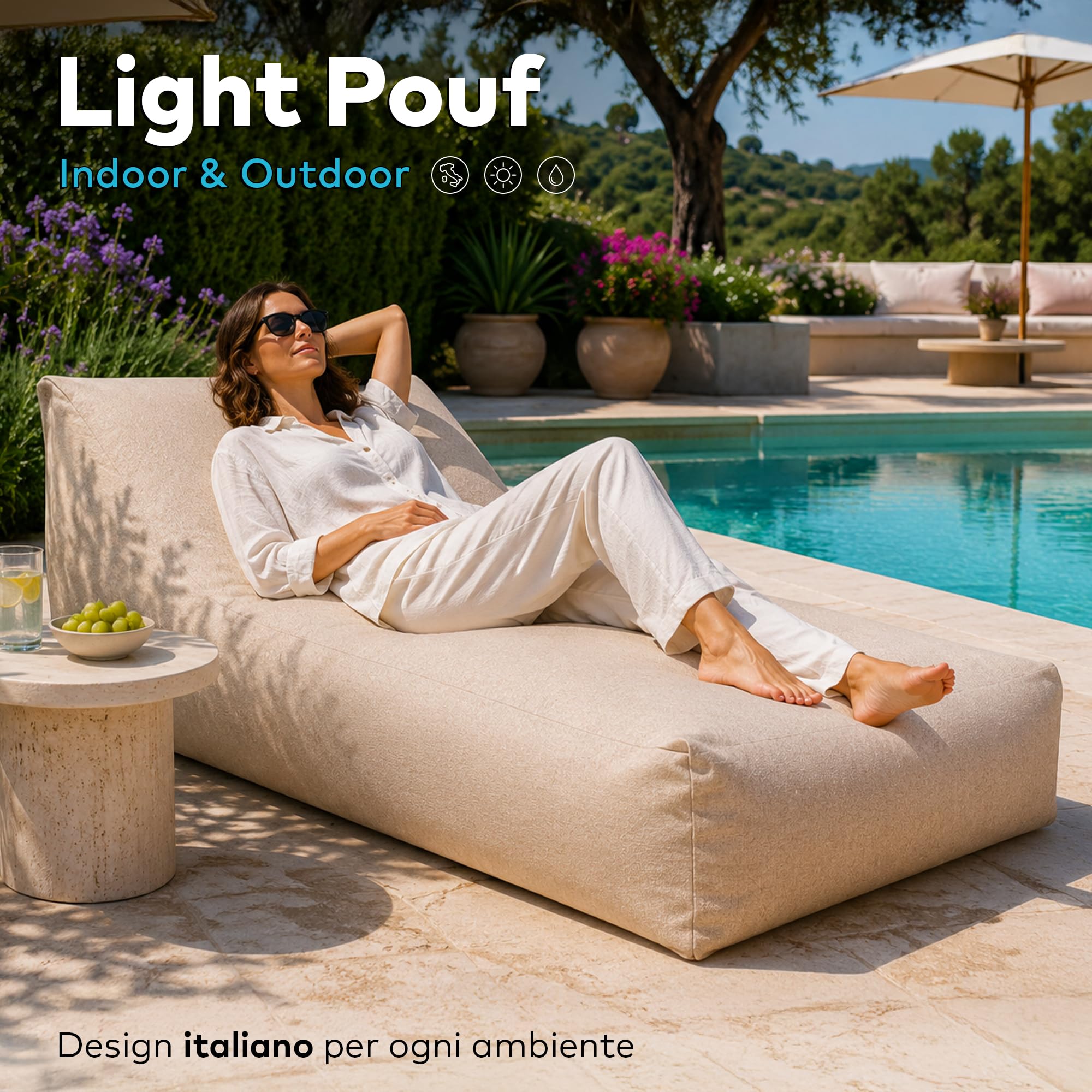 Deshome - Pouf lettino prendisole da esterno sfoderabile - Puff poltrona sacco outdoor idrorepellente con imbottitura, chaise longue design Grigio luce