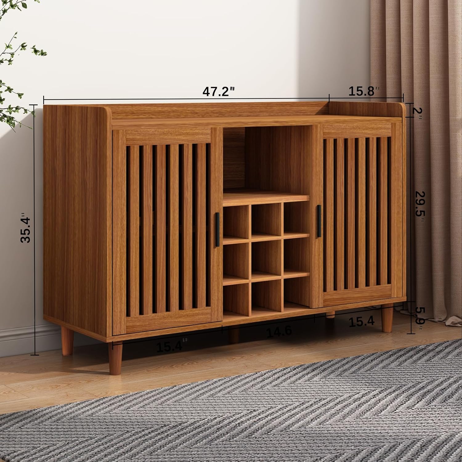 MAIYORAIT 47“ Wine Bar Cabinet Farmhouse Kitchen Buffet Sideboard with Storage Shelf, for Living Room Kitchen Entryway (Brown)