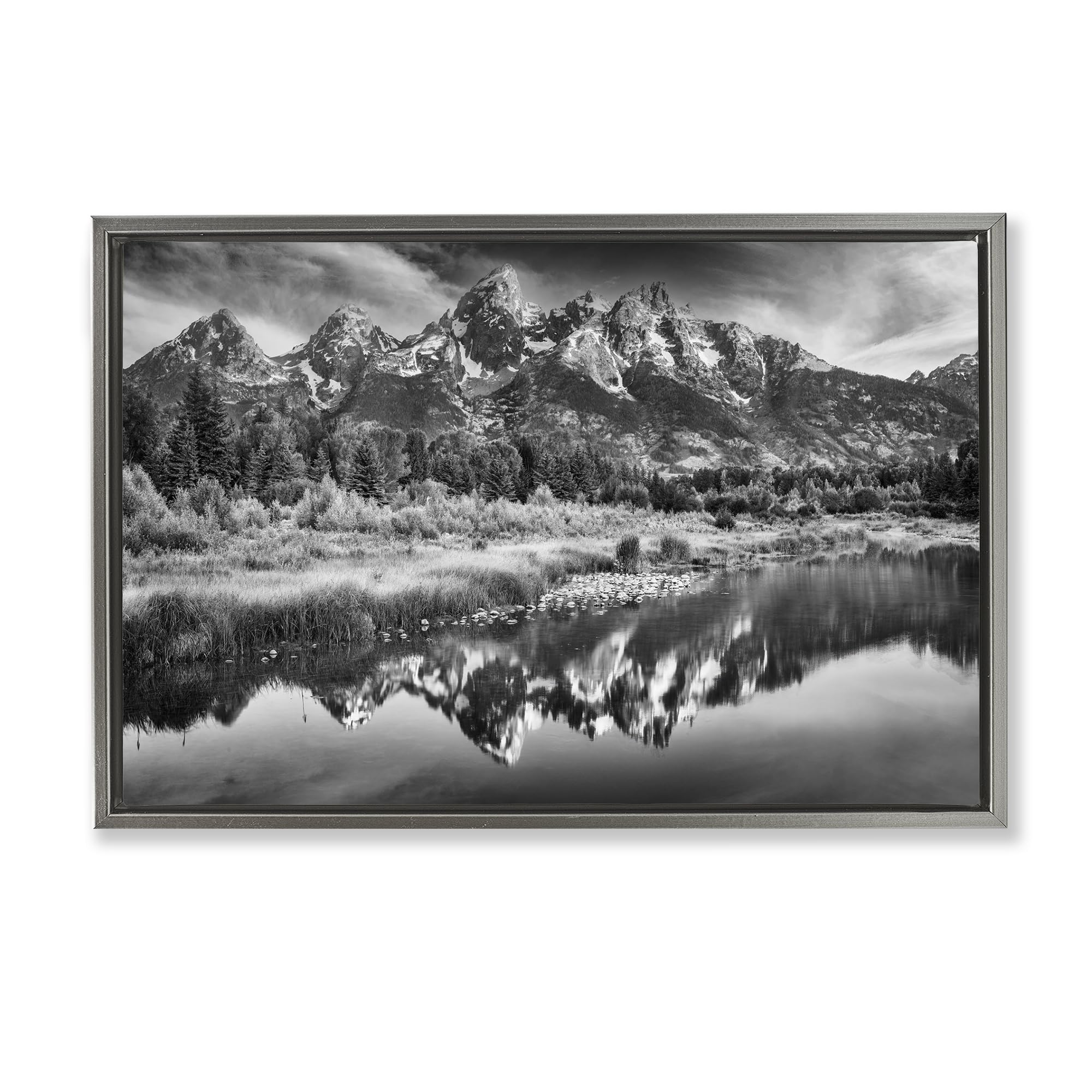 Stupell Industries Luster Gray (Matte) Teton Mountain Reflections Landscape, 16 X 24 Inch Canvas In Floater Frame