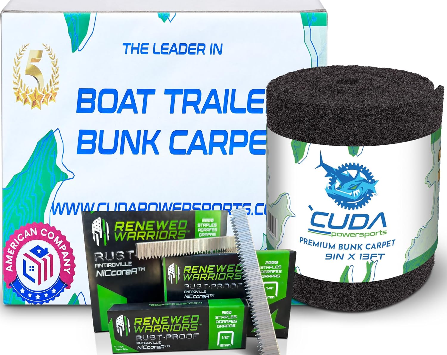 Boat Trailer Bunk Carpet 25oz 9in Wide x 13Ft with (500) Rustproof Staples Inside