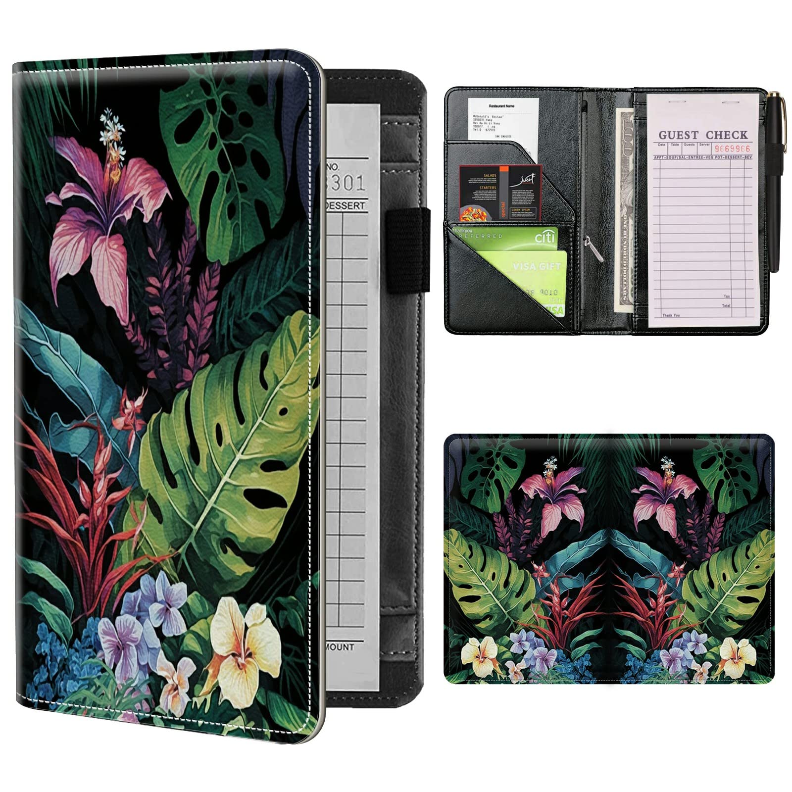 Server Books for Waitress Waiter with Zipper Pocket, Tropical Plant Leather Server Pads Waitstaff Organizer Guest Check Presenters Server Wallet Money Holder Pouch Fit Apron