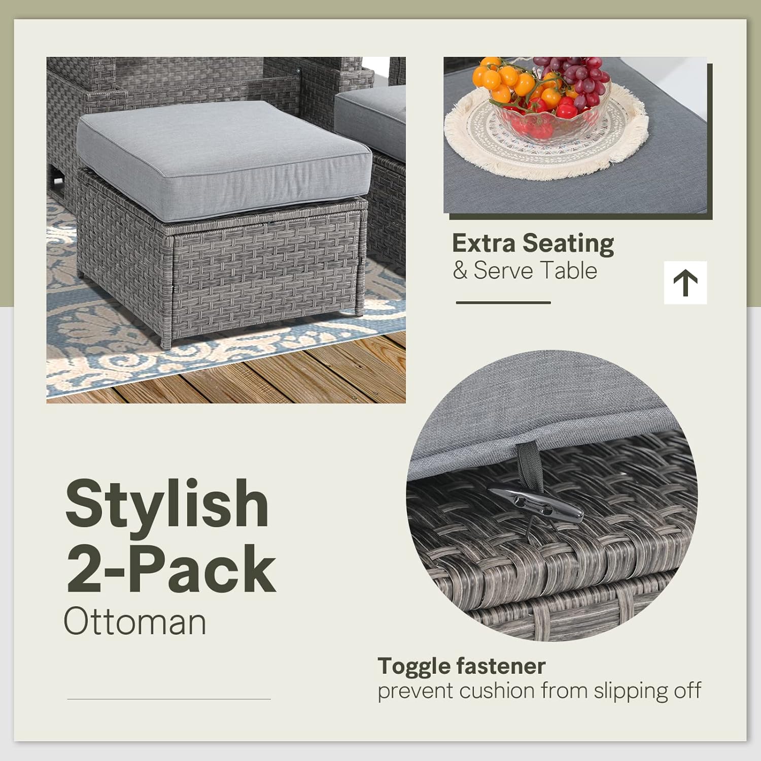 SUNSITT Outdoor Patio Furniture Set 5 Piece Wicker Conversation Set with Ottoman 3 Seat Sofa Couch with Club Chair, Grey Wicker & Grey Cushion