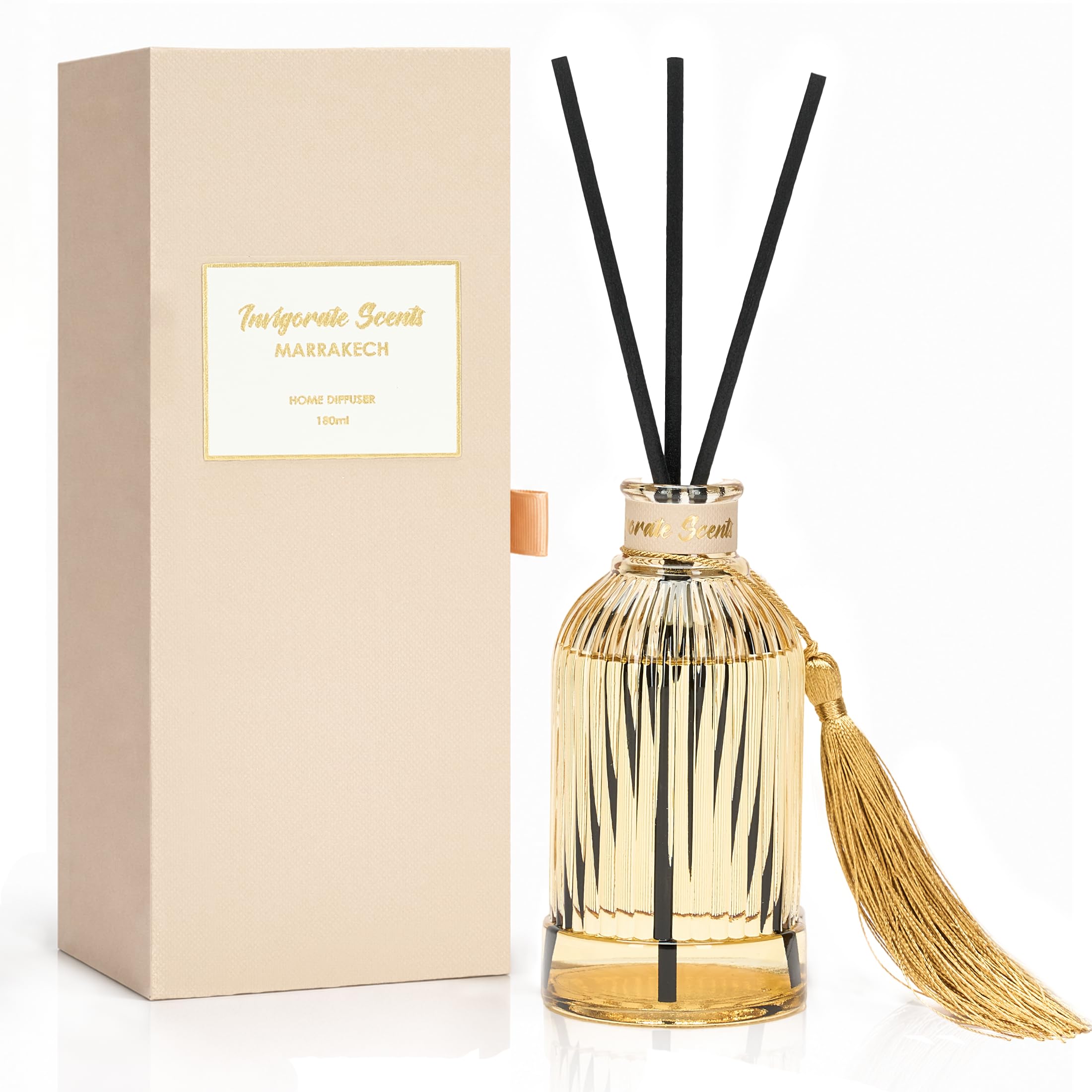 Marrakech 180ml Reed Diffuser for Home – Myrrh & Tonka Home Fragrance in Decorative Glass Vessel for Modern Home Decor