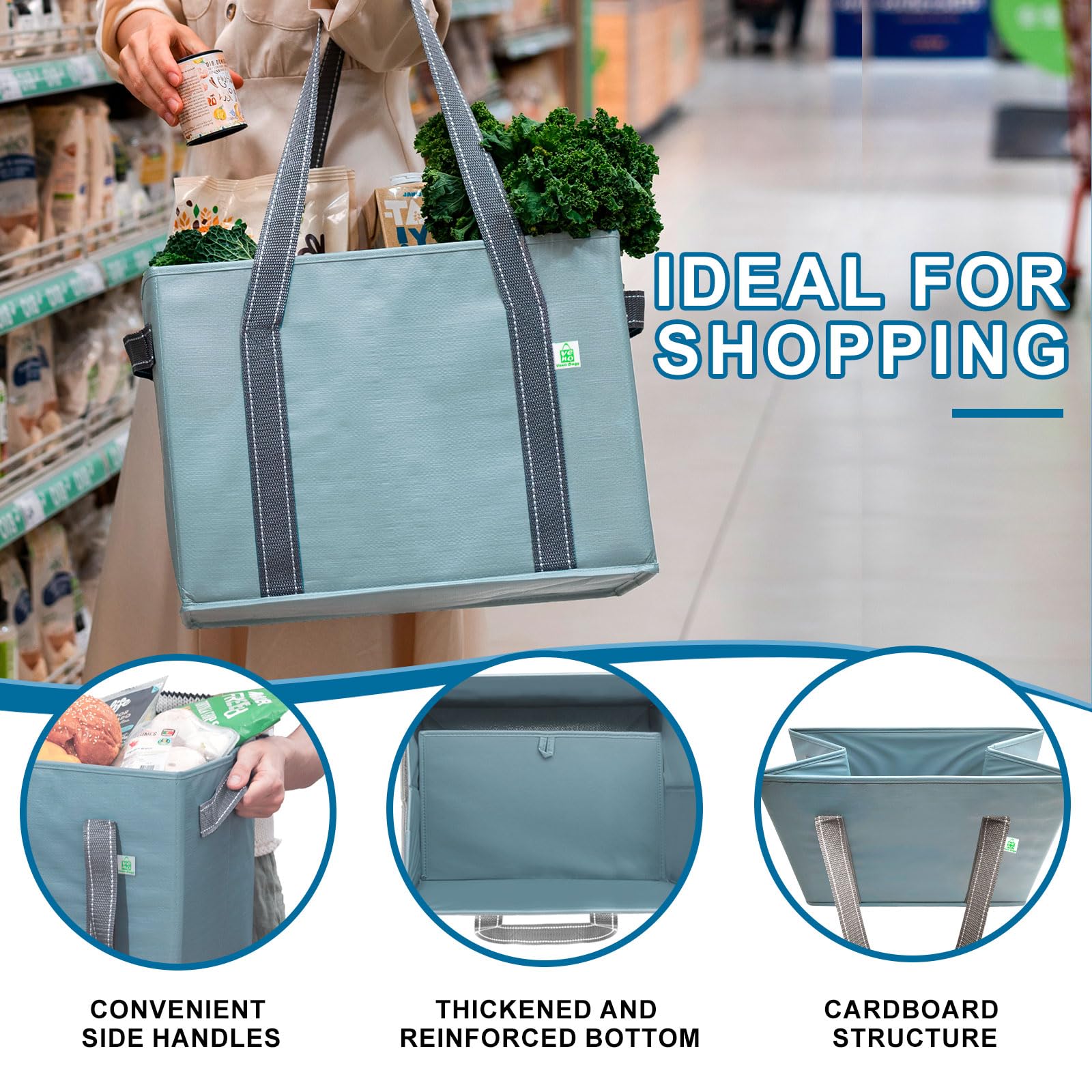VENO 2 Pack Reusable Grocery Bags, Shopping Bags for groceries Extra Large Utility Tote with Handles and Hard Bottom - Image 2