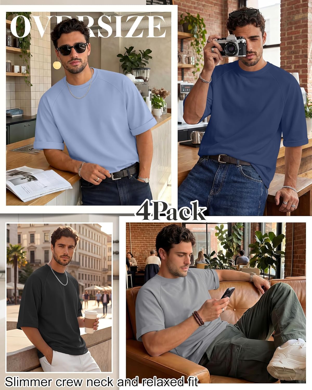 4 Pack Mens T-Shirts Casual Oversized Summer Shirts Short Sleeve Raglan Tees Stylish Street Style Loose Tops