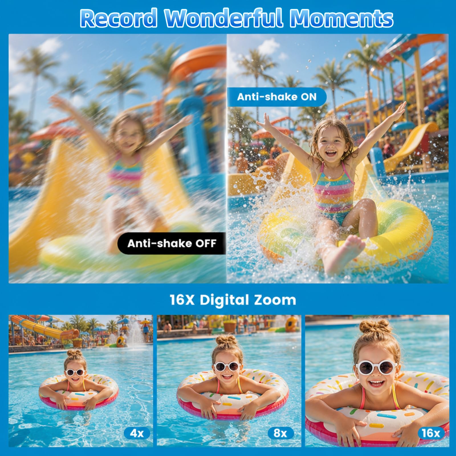 Fotocamera Digitale Impermeabile, Action Camera Subacquea HD 2.7K 48MP con Doppio Schermo per Snorkeling 3M per Nuotare, Zoom Digitale 16X Anti-Shake, Blu
