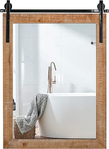 MIDEFINCH Espejo de pared enmarcado de madera, 24 x 32 pulgadas, marrón rústico, espejos rústicos inspirados en puerta de granero para pared