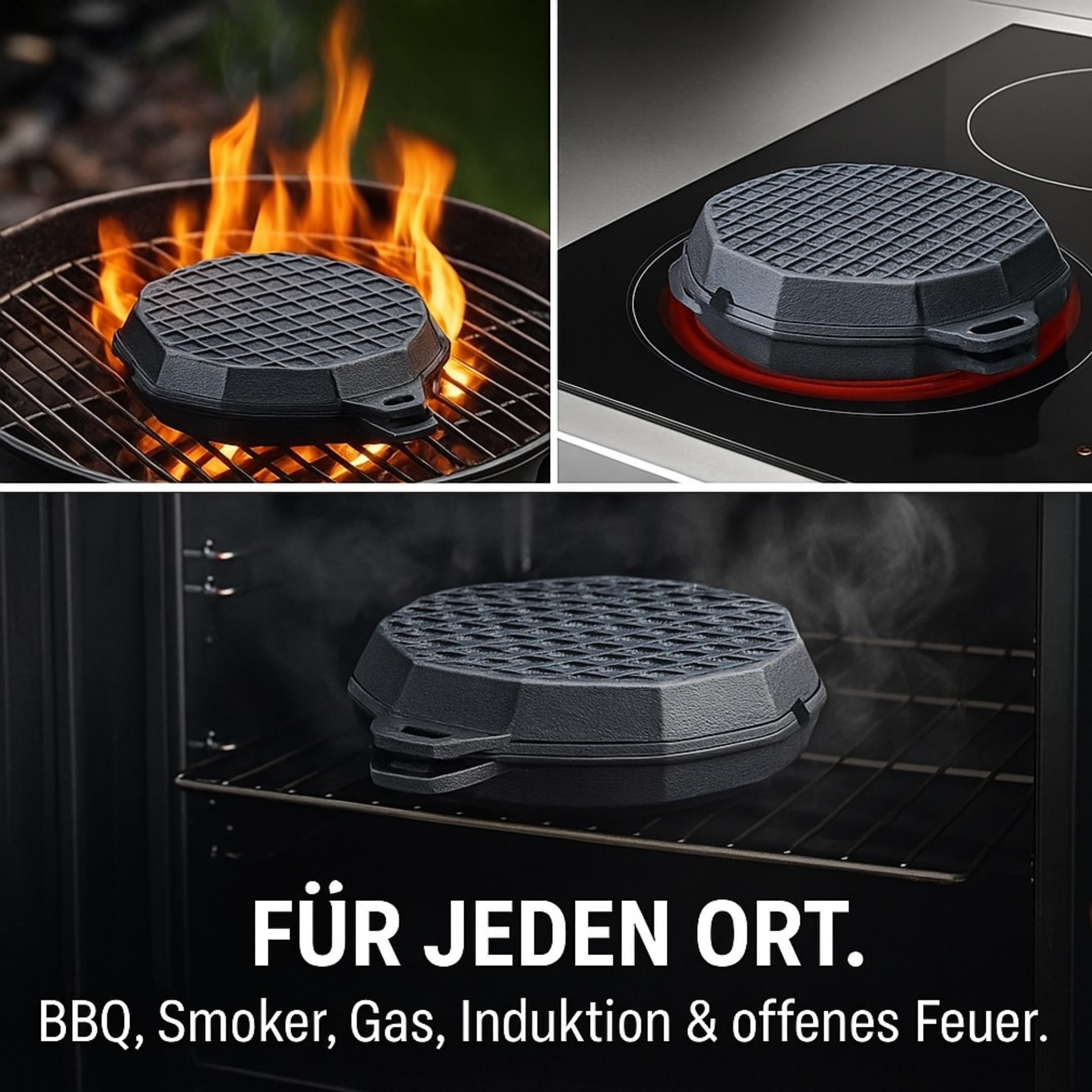 Gusseisen Burgerpfanne mit Deckel - Doppel-Bratpfanne für perfekte Patties - Grillpfanne für BBQ, Smoker & Küche - Vorbehandelte, Hitzebeständige & Extra saftige Pattie-Pfanne (2 Stück)