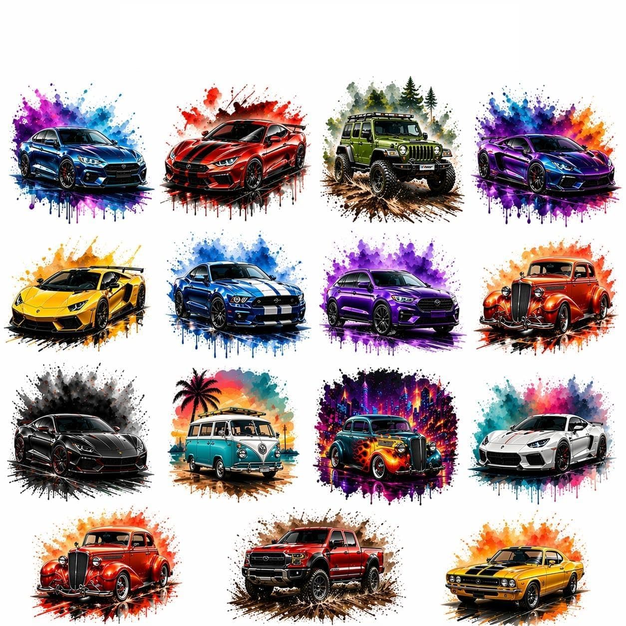 UVDTF Car Theme Transfer Stickers, 2.5x2.5 Inch, Waterproof Decals for Mugs, Water Bottles, Laptops, Pack of 16