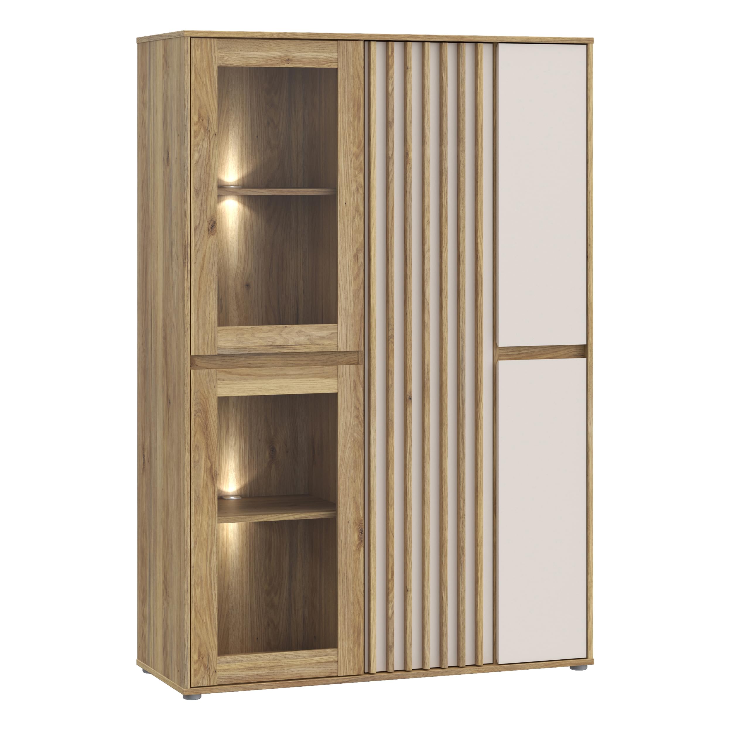 Forte ELISTON Vitrine 100 110, moderner Schrank mit Lamellendesign, 5-türig, Wohn-/Schlafzimmer, Mauvella Eiche Holzdekor|Kashmir Beige, 109,3 cm breit x 161,7 cm hoch x 41,5 cm tief