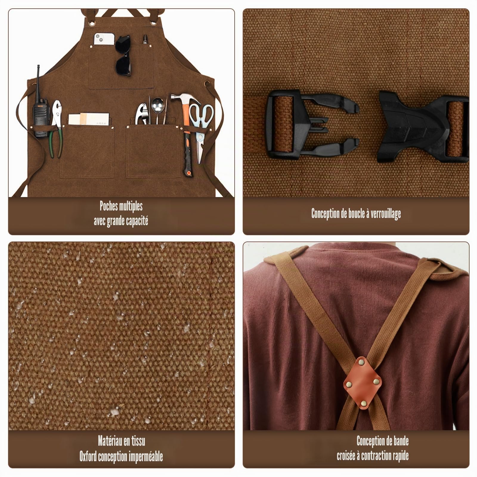 Tablier de travail, tablier à outils avec 5 poches à outils, tablier de travail robuste, tablier de travail en tissu Oxford imperméable, sangle croisée réglable, tablier de travail du bois pour
