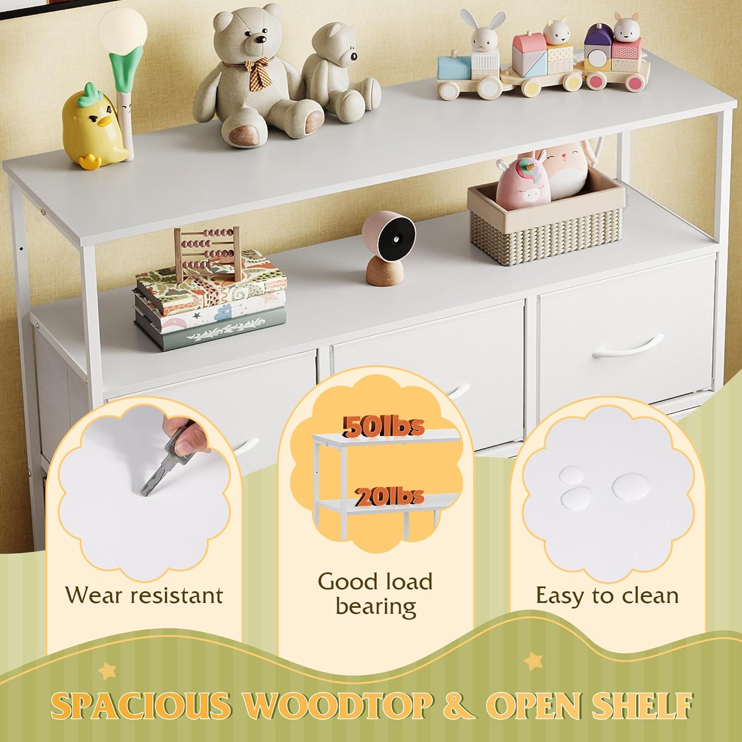 WLIVE White Dresser for Bedroom with 5 Drawers，Fabric Dresser with Charging Station, Chest of Drawer with Open Shelves, Storage Dresser for Living Room, Closet, Entryway