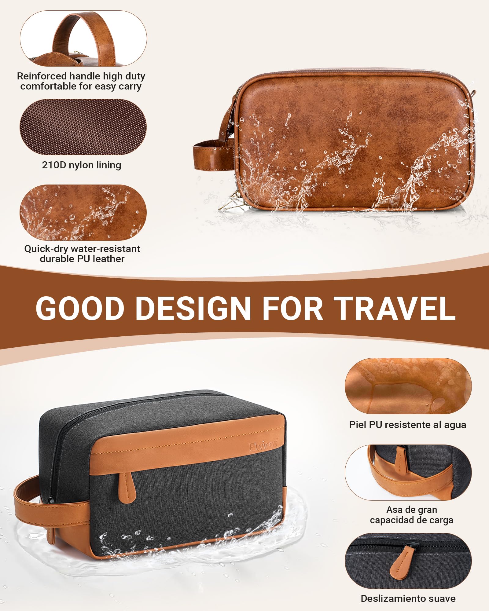 Elviros Beauty case da viaggio, idea regalo per uomini, set regalo per articoli da toeletta da uomo, set da barba, impermeabile, organizer per articoli da toeletta in pelle PU, confezione da 2 pezzi