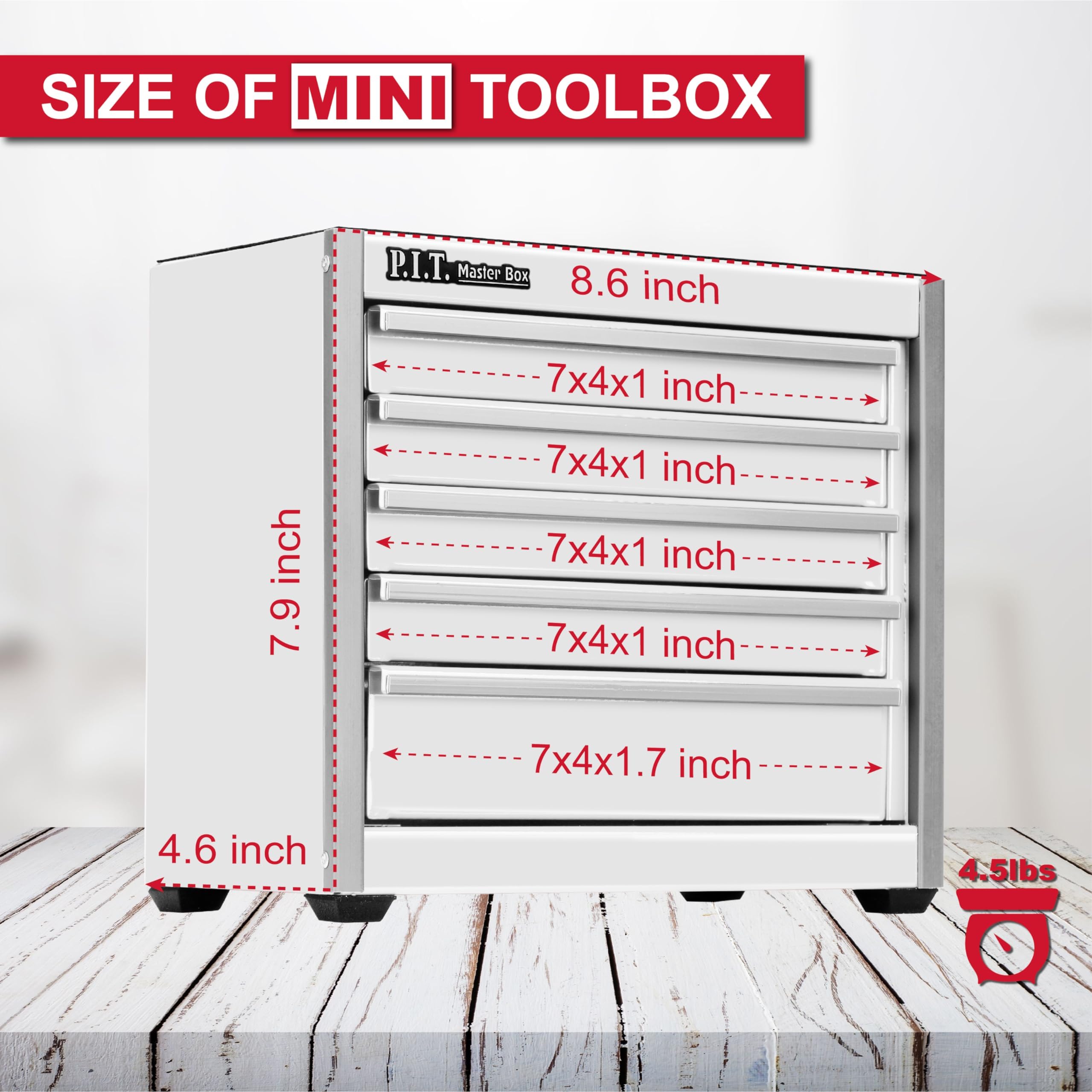P.I.T. P.I.T. Mini White Tool Box, Portable 5-Drawer Micro Roll Cab Steel Stackable Tool Box with Liner, White Small Tool Case for Tools Storage and Organizers, Home DIY in use