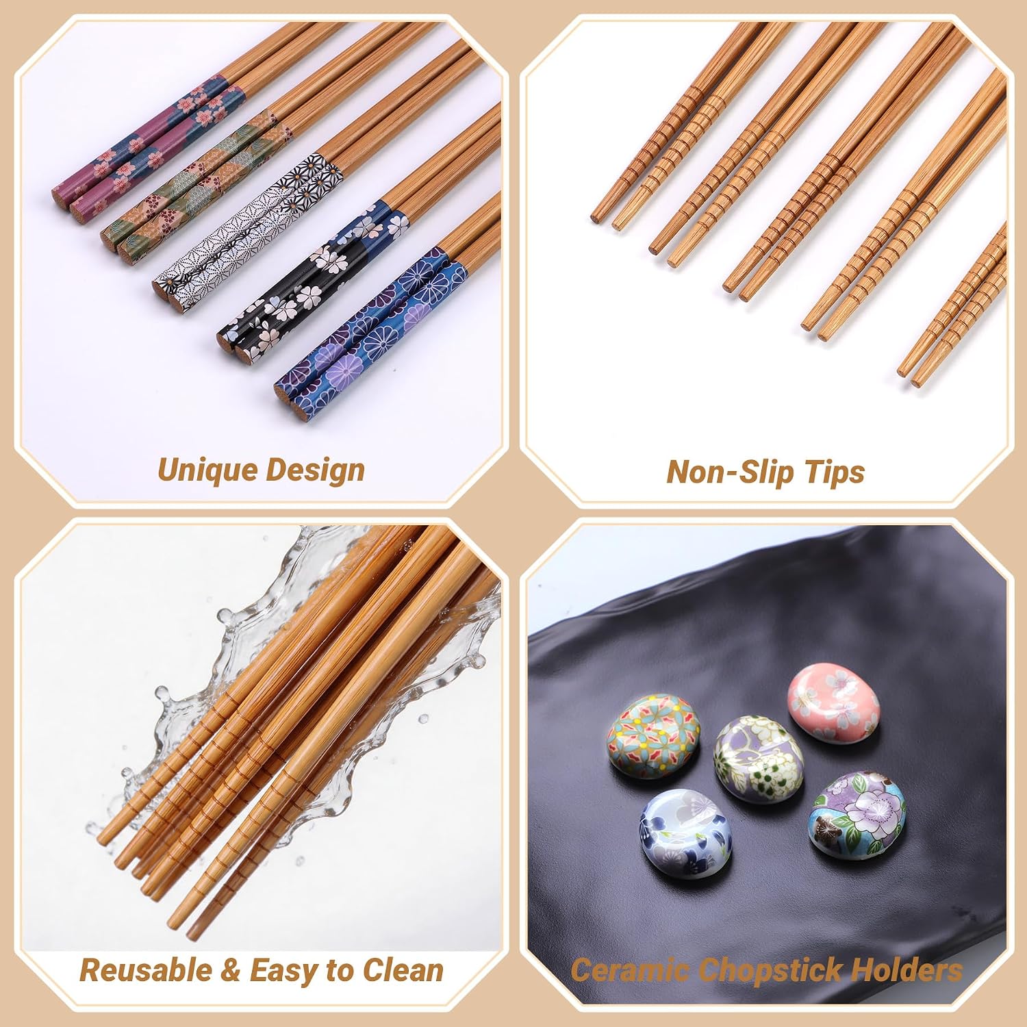 Antner 5 Pairs Reusable Bamboo Chopsticks Set with Ceramic Chopstick Rests, 8.8 Inch Japanese Style Chop Sticks with Holders for Sushi Ramen Asian Cuisine Lovers Gift Set, Black Elegant Packaging