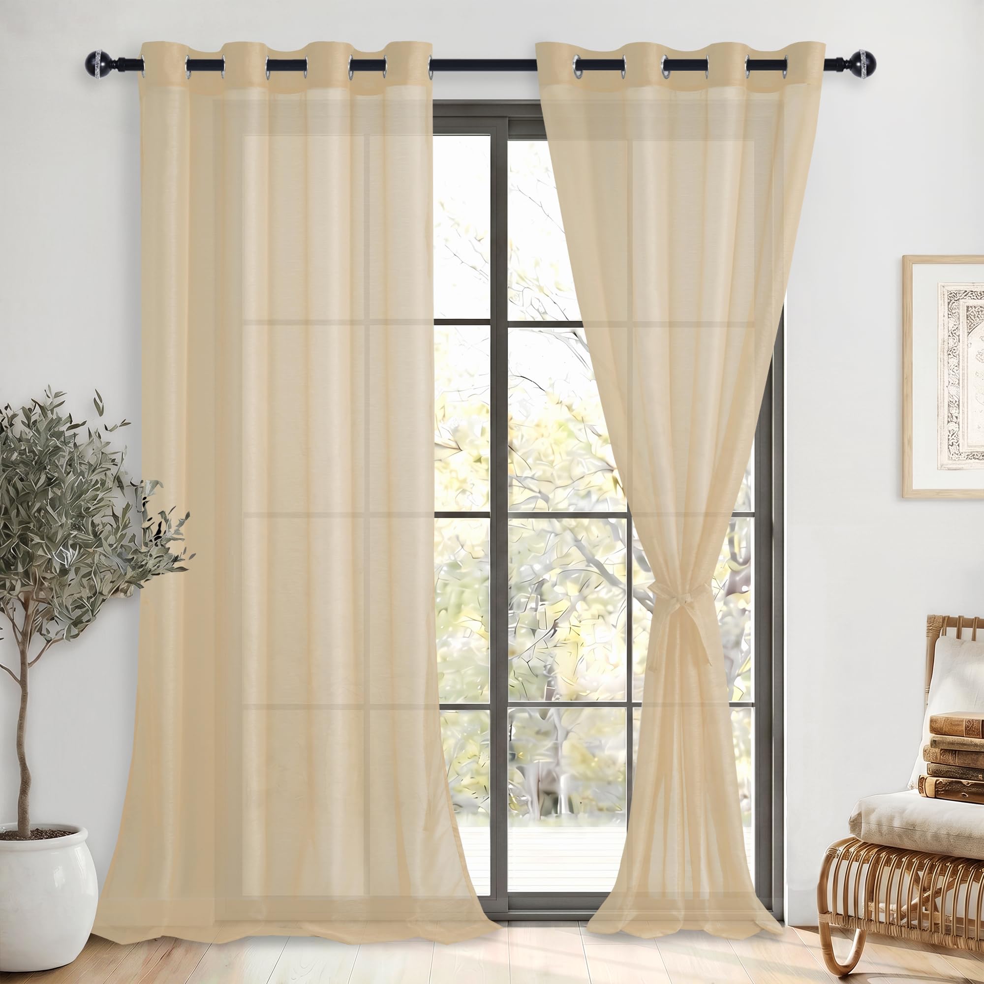 DWCN Sheer Voile Curtain with Eyelets Short Sheer Curtains White Curtain Transparent Beige 240 x 132 cm (H x W)